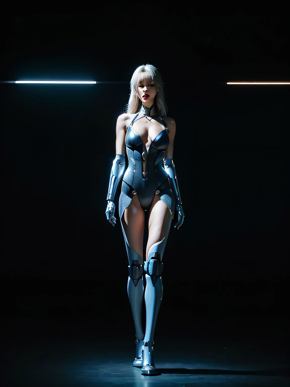 Complex 3d rendering of beautiful ceramic silhouette female robot face in great detail，Rough Leka bodysuit，Glowing blue band，cyborg people，cyborg robot parts，machine arm，mechanical leg，looking at viewert，150 mm，softlighting，rim-light，vibrant detail，Luxurious cyberpunk，lacing，ultra-realistic realism，parfect anatomy，face muscles，tight-fitting，Cable Electrical Wire，micro Chip，ellegance，beatiful background，rendering by octane，HR Giger style，8k，best qualtiy，tmasterpiece，illustratio，Extremely refined and beautiful，extremely detaile，CG，unified，Wallpapers，（realisticlying，realisticlying：1.37），Amazing Cleavage，finely detailled，tmasterpiece，Best quality at best，very detailed ，full bodyesbian，standing on your feet，sexyposture，little breast, The city of the future, buliding, exteriors