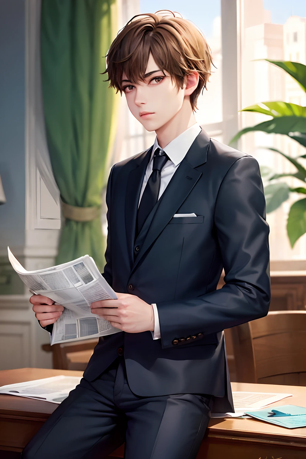 (masterpiece, best quality:1.2), high-quality shot, solo, male focus, 1boy, twilight\(Spy X Family\), expressionless, closed mouth, looking at the viewer, sitting, holding a newspaper, short blonde hair, formal, green suit, red tie, green pants, black gloves