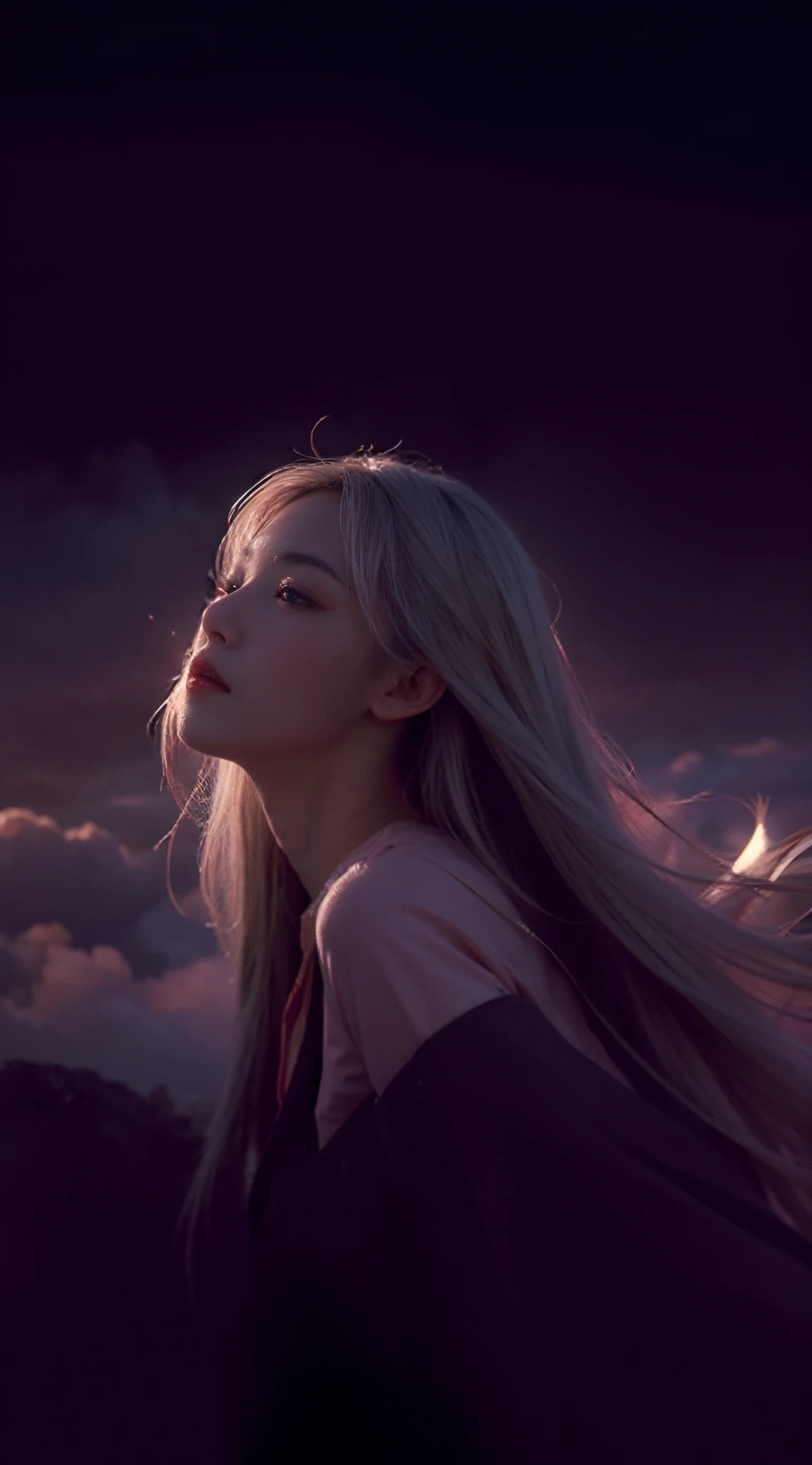 high quarity,4K,Detailed detail,Dreamy,hyper realisitc,Opposite up and down,Parallel worlds,Girls falling from the sky,Long grey hair,Lowered vertically,closing eye,be silent,Girl in the clouds,Pink Lights and Shadows,