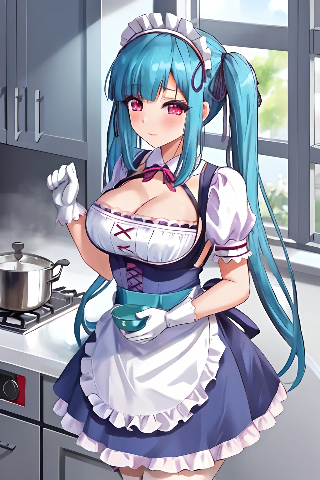 1girl, Miyu, twintails, maid uniform , frills, waist apron, maid headdress, white apron, gloves, cleavage, windows, kitchen,