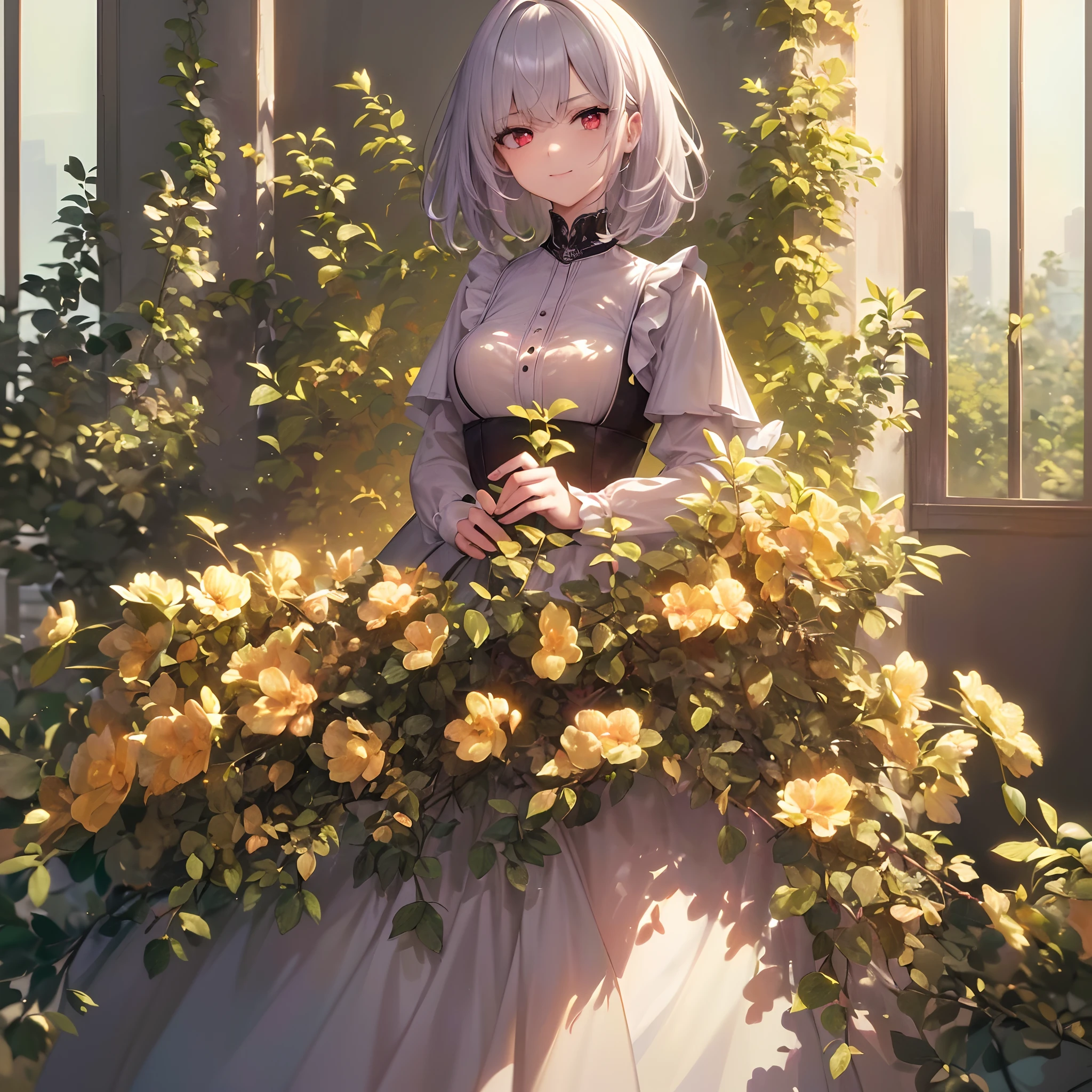 ((top-quality)), ((masterpiece)), ((ultra-detailliert)),(8k wallpaper:1.2),(Ultra-high resolution:1.2),(masterpiece:1.1),wallpaper,High quality,(High detail),(absurdres, highres, ultra detailed),( best quality:1.2),1girl, white hair, purplish red eyes:1.2, short hair, serious face , lovely face,maniacal smile, extremely beautiful