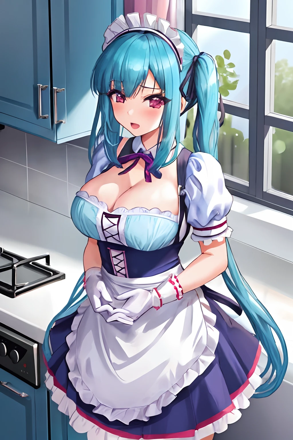 1girl, Miyu, twintails, maid uniform , frills, waist apron, maid headdress, white apron, gloves, cleavage, windows, kitchen,
