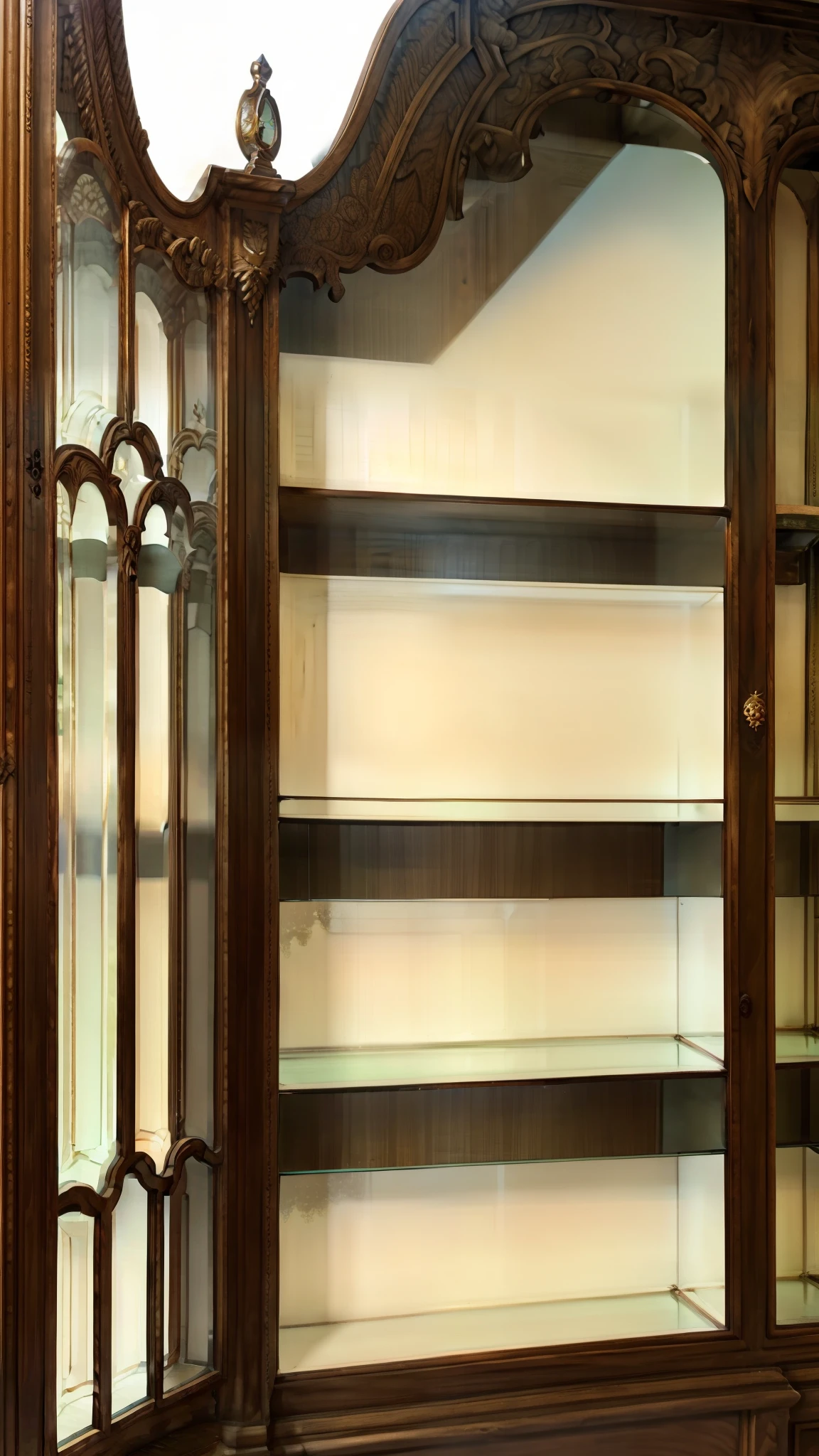 there is a large antique display cabinet with a mirror on the top, cabinets, book case, cupboards, cabinet furniture, meticulous detail, wooden cabinet, meticulous details, display case, french provincial furniture, wood cabinets, stylistic furniture, art nouveau accents, shelves, astonishing detail, features intricate detail, ultra - high details, black cabinet with golden details, make it better, improve quality, realism, high quality, beautiful cabinet, empty gorgeus cabinet, empty cabinet gorgeus design