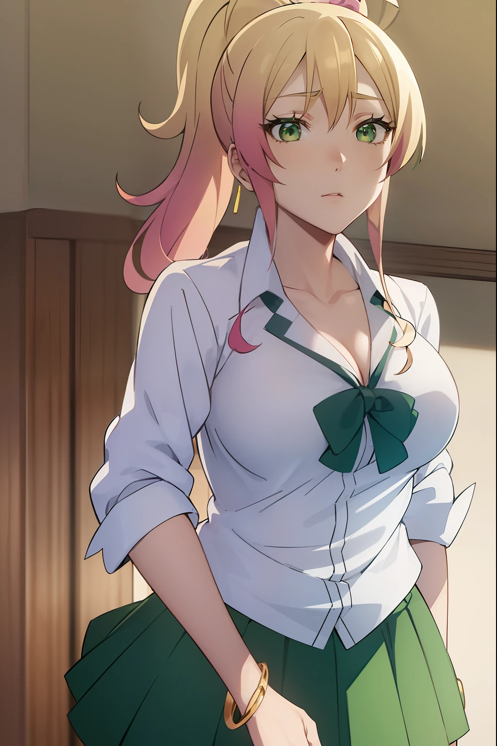 Mount Karatsu, Hachime Yukana, long hair, bangs, blonde hair, hair between the eyes, (green eyes:1.5), ponytails, multicolored hair, scrunchie, high ponytail, lipstick, Gyaru, Kogal, makeup, BREAK skirt, shirt, jewelry, school uniform, collarbone, white shirt, pleated skirt, collared shirt, miniskirt, bracelet, green skirt, REST looking at the viewer, full length, REST indoors, in the classroom, BROKE (Masterpiece: 1.2), Best Quality, High Resolution, Unity 8K Wallpaper, (artwork: 0.8), (Beautiful Detailed Eyes: 1.6), Extremely Detailed Face, Perfect Lighting, Extremely Detailed CG, (Perfect Hands , Perfect ), no underpants, vacuum exposure, , no underpants, revelation, exposed  opening, valgus  opening, scratches, , , incontinence, milk,  opening exposure,  opening, exposed, (  1.5),  opening,  opening, voluptuous , wide , wide thighs, round 