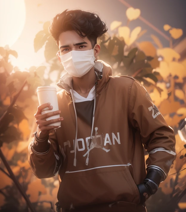 Boy with coffee futuristic background realistic face 8k ultra high quality hd