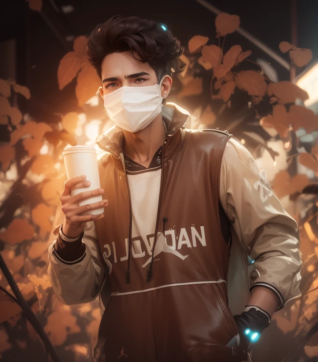 Boy with coffee futuristic background realistic face 8k ultra high quality hd