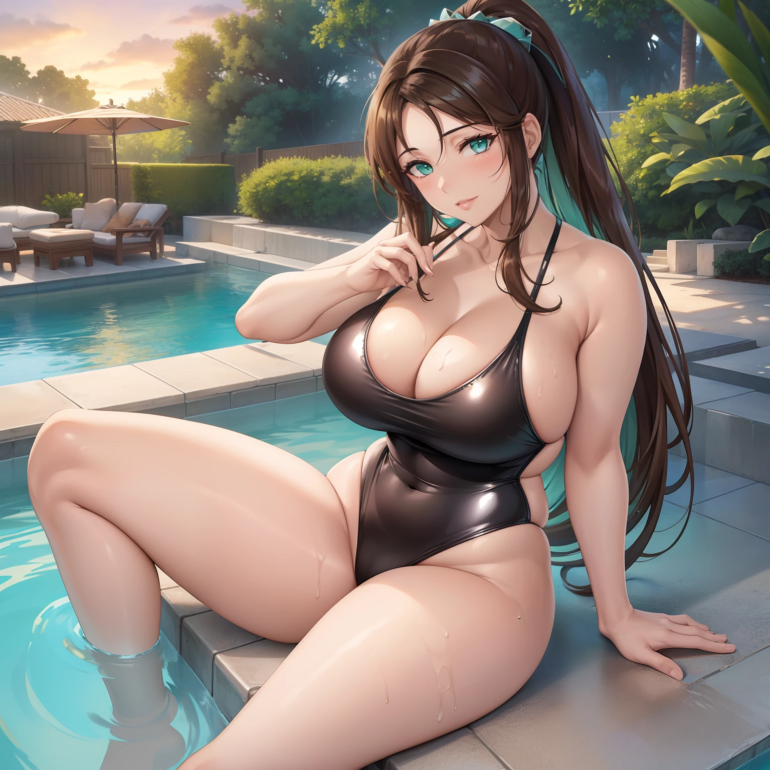 Masterpiece, Best Quality, (((Solo mature woman resembling Lucy Pinder))), (((Brown hair))), Ponytail, Large chest, (((wide hips))), (((aqua green eyes))), full lips, seductive smile, cleavage, (sitting in Jacuzzi in back of house), outdoors,  sunset, blushing, (((wearing shiny black accented one piece swimsuit))), [Janet], [Alice], "beautiful mature face" , age30 , milf , adult, (((shiny skin)))