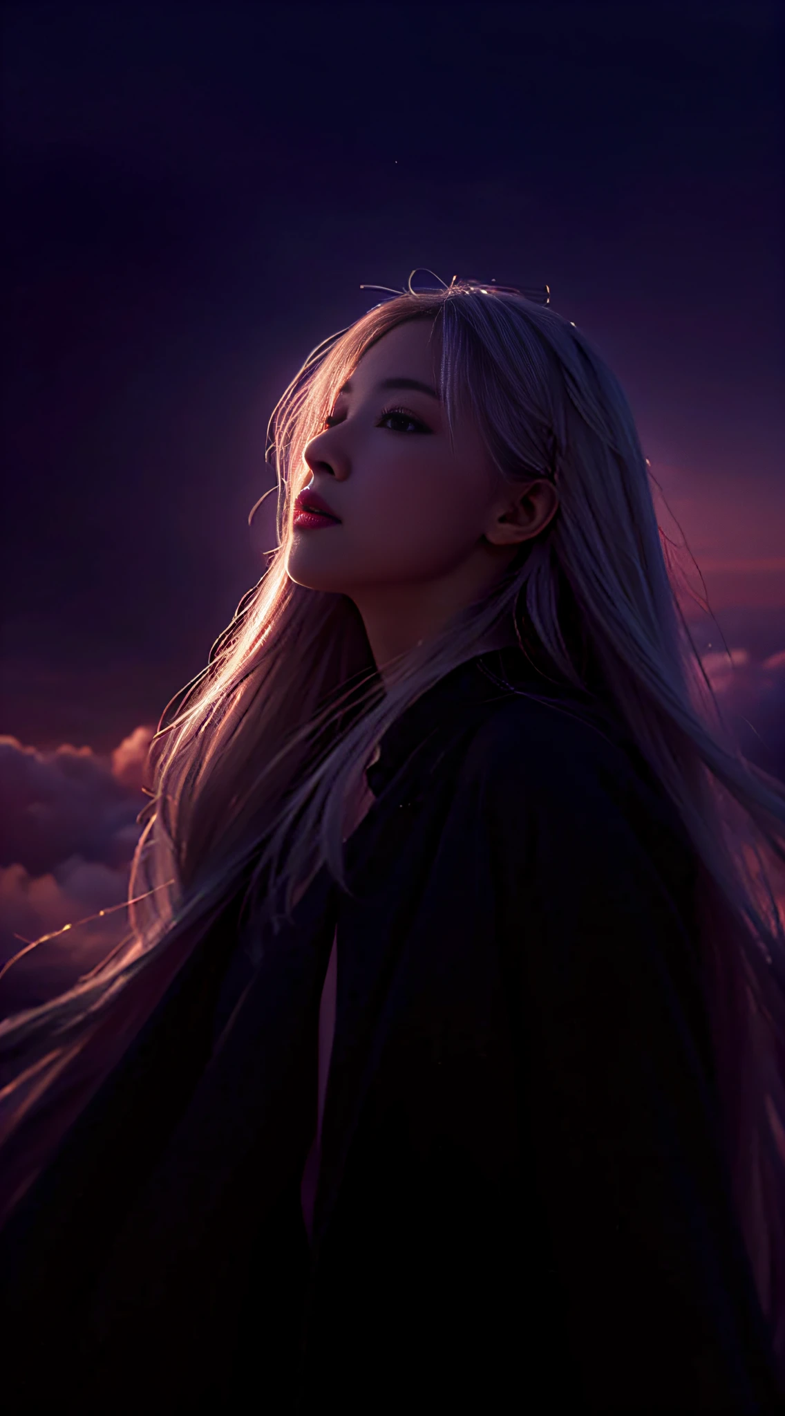 high quarity,4K,Detailed detail,Dreamy,hyper realisitc,Opposite up and down,Parallel worlds,Girls falling from the sky,Long grey hair,Lowered vertically,closing eye,be silent,Girl in the clouds,Pink Lights and Shadows,