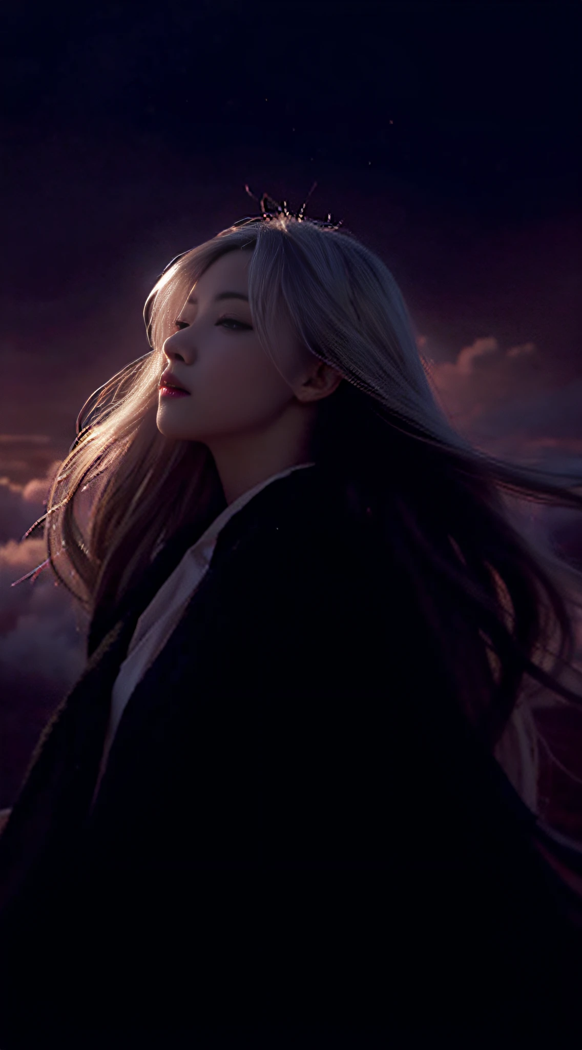 high quarity,4K,Detailed detail,Dreamy,hyper realisitc,Opposite up and down,Parallel worlds,Girls falling from the sky,Long grey hair,Lowered vertically,closing eye,be silent,Girl in the clouds,Pink Lights and Shadows,