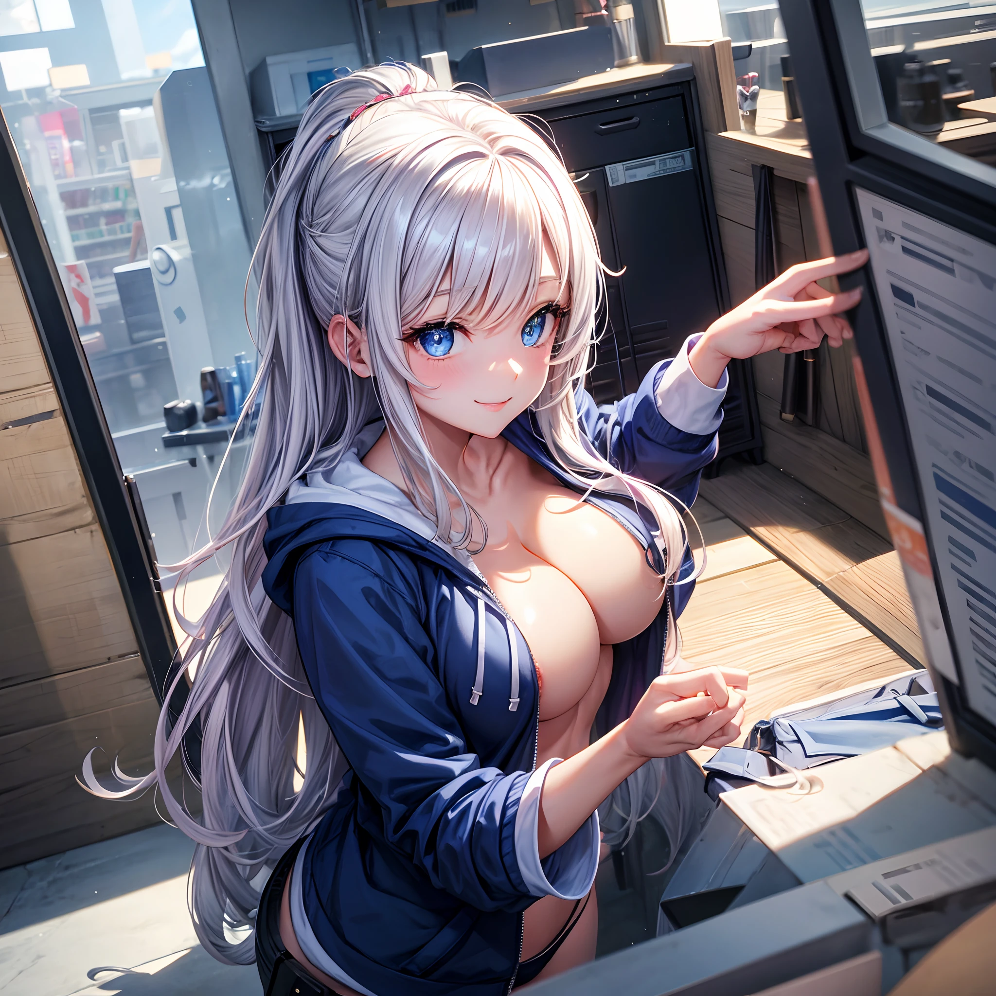 I'm wearing a hoodie over my blazer、Beautiful girl，a smile，top-quality，huge tit，girl，​masterpiece，Erotic cute，blue eyess，academy，beautiful a girl，超A high resolution，