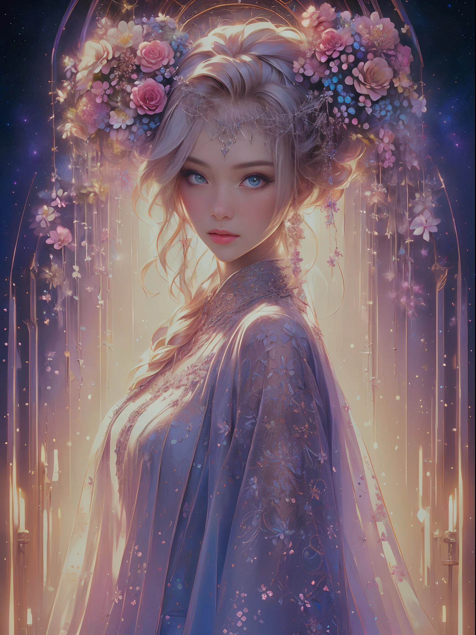 (8k, highest quality, masterpiece: 1.2), (Realistic, photoRealistic: 1.37), Super detailed, One Girl, Wide viewing angles, Firefly Garden, There are lots of little faint lights and fireflies flying around, night, Yasutomo Oka's painting style, Big Breasts, Intricate details, Splash screen, 8K resolution, masterpiece, Meek smile, Mysterious Background, aura, Gentle gaze, Break, Blonde, dynamic sexy poses,