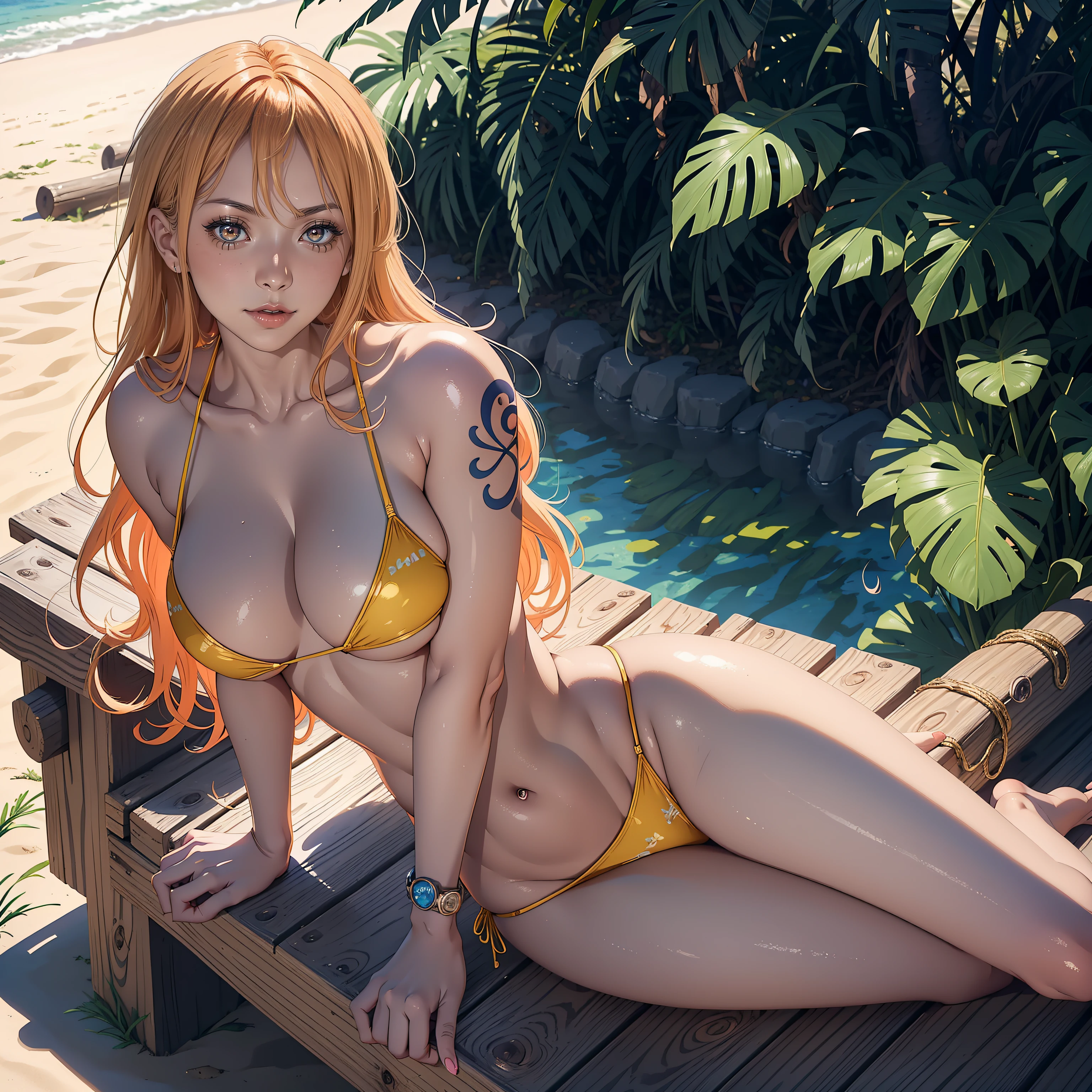 (anime style),masterpiece, best quality, ultra-detailed, glistening shiny, glowing light, ray tracing, HDR, deph of field, (perfect face, detailed face, detailed eyes),(big boobs:1.2,clevage),8k,HD,ultra realistic face,ray tracing,perfect lighting,best quality, ultra-detailed, shiny eyes, (looking at viewer,sensual smile:1.1), ((1girl)), (gyaru, mature female:1.4),cowboy shot,((bottom view)):1.5
nami,long hair,((gradient hair)),multicolored eyes, gradient eyes, (glowing eyes:1.1), mascara, (fashion make up), parted lips,((microbikini)),cameltoe,tattoo,sitting on a bench,
((tropical beach, sunset, palm trees, log cabin)),complex background,((super detailed background)), dynamic poses, ((8k wallpaper)) ,