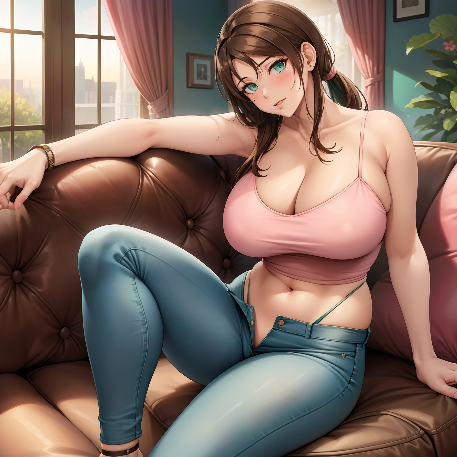 Masterpiece, Best Quality, (((Solo mature woman resembling Lucy Pinder))), (((Brown hair))), Ponytail, Large chest, (((wide hips))), (((aqua green eyes))), full lips, seductive smile, cleavage, (sitting on couch), livingroom,  sunset, blushing, (((wearing tight open jeans and pink thin strap top ))), [Janet], [Alice], "beautiful mature face" , age30 , milf , adult