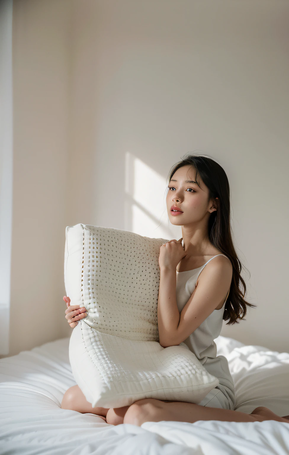The Araki woman sat on the bed,Pillow in hand, sit on a bed, sitting on the edge of the bed, sitting on the edge of the bed, Sitting on the bed, sitting on her bed, portrait sophie mudd, soft light from the side, sitting in bedroom, looking off to the side, jovana rikalo, Looks to the side