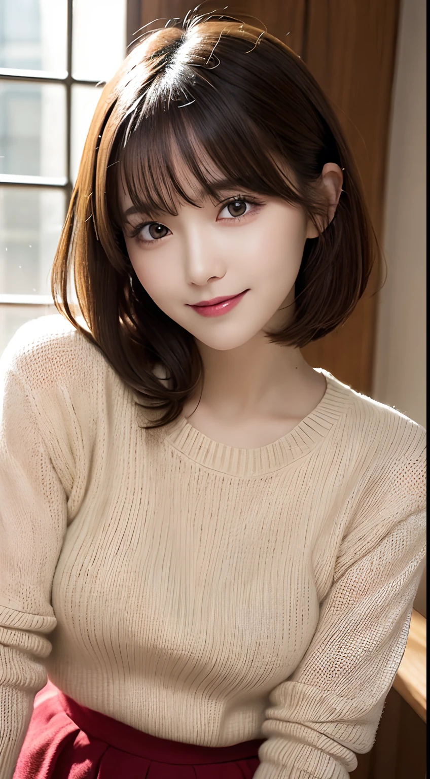 masutepiece, Best Quality, Illustration, Ultra-detailed, finely detail, hight resolution, 8K Wallpaper, Perfect dynamic composition, Beautiful detailed eyes,Oversized sweaters and flared skirts,Medium Hair, small tits, Natural Color Lip, Random and sexy poses,Smile,Anatomically correct body,Shake your hand lightly,Cute