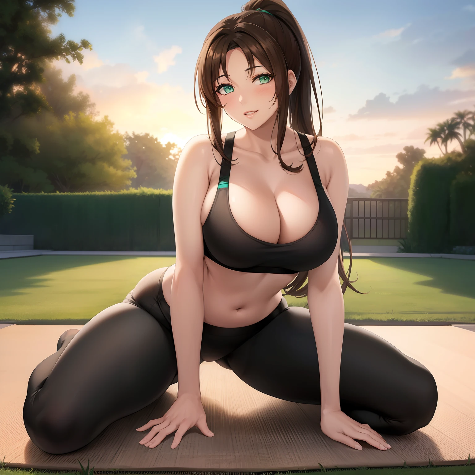 Masterpiece, Best Quality, (((Solo mature woman resembling Lucy Pinder))), (((Brown hair))), Ponytail, Large chest, (((wide hips))), (((aqua green eyes))), full lips, seductive smile, cleavage, (kneeling on mat in back yard), outdoors,  sunset, blushing, (((wearing black yoga pants with black sports bra))), [Janet], [Alice], "beautiful mature face" , age30 , milf , adult