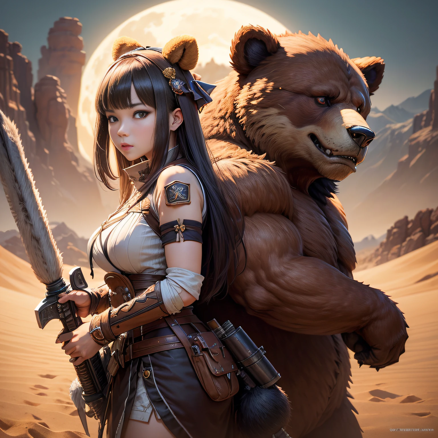 超A high resolution、An ultra-high picture quality、8K、Detailed details、marvelous expression、1 person woman、The big bear monster is your buddy、Monster Hunter Character Costumes、Have a big weapon、Vast desert background、