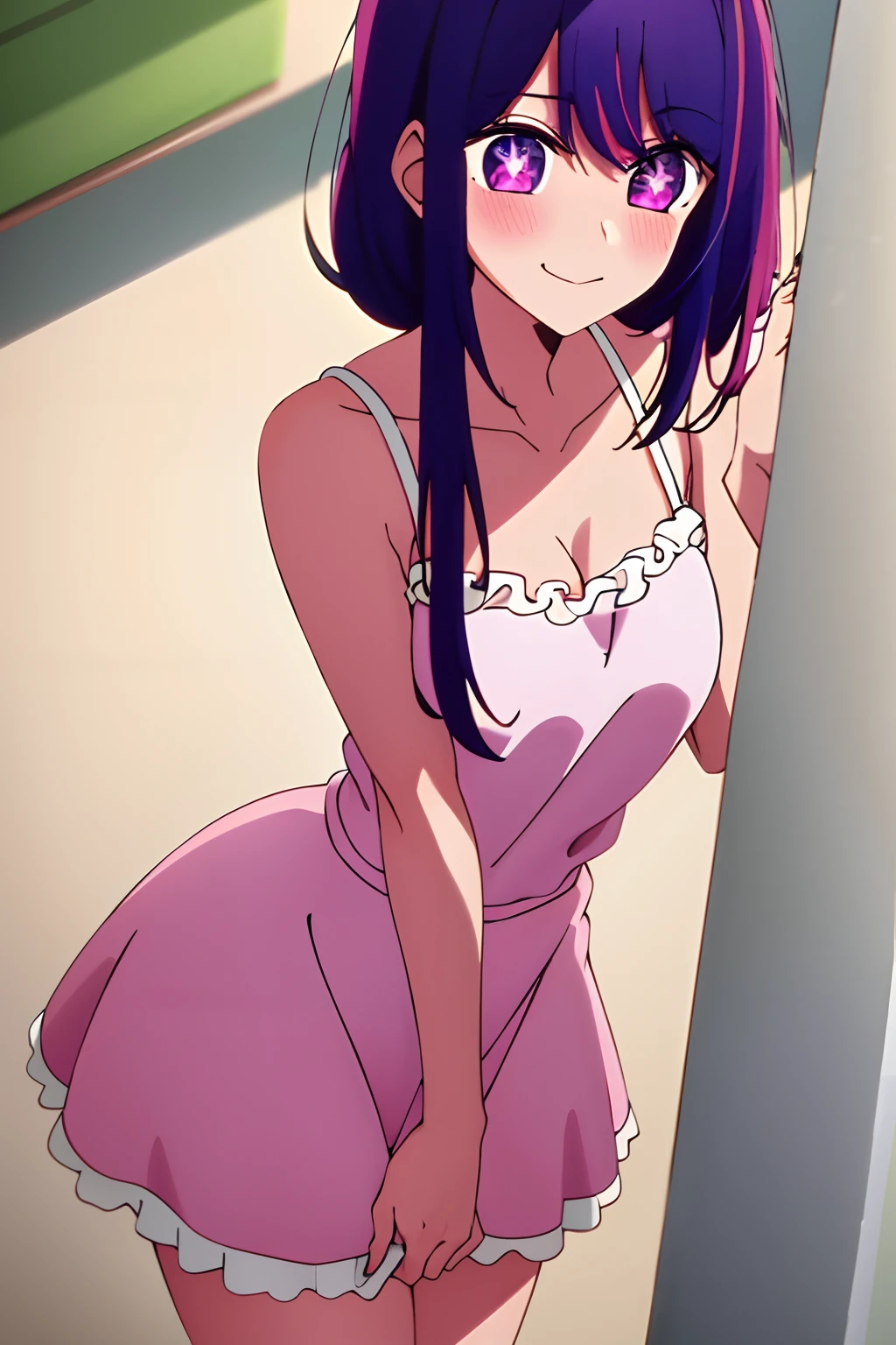 masterpiece、highly detailed、(1 girl in:1.2)、purple hair,、big eye、Close up、smile、8k、Ai hoshino、 , Best quality, High Resolutions, 1girl, Light pink Negligee, panties light pink, thong, navel, collarbone, street, nn1, 1girl, big breasts, medium hips, wide thighs, frown, embarrassed, (blush:1.2)