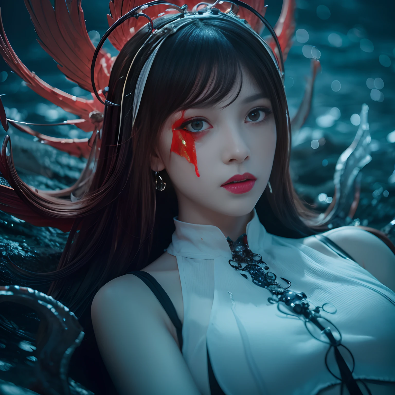 Black and white and blue and red,(Best Quality, Ultra-detailed, High resolution, extremely details CG),Wide Shot,angelicales,She is so beautiful,She likes blood and the sea,Bloody Rain, Mystical,cultist, Convoluted, Surreal,Delicate