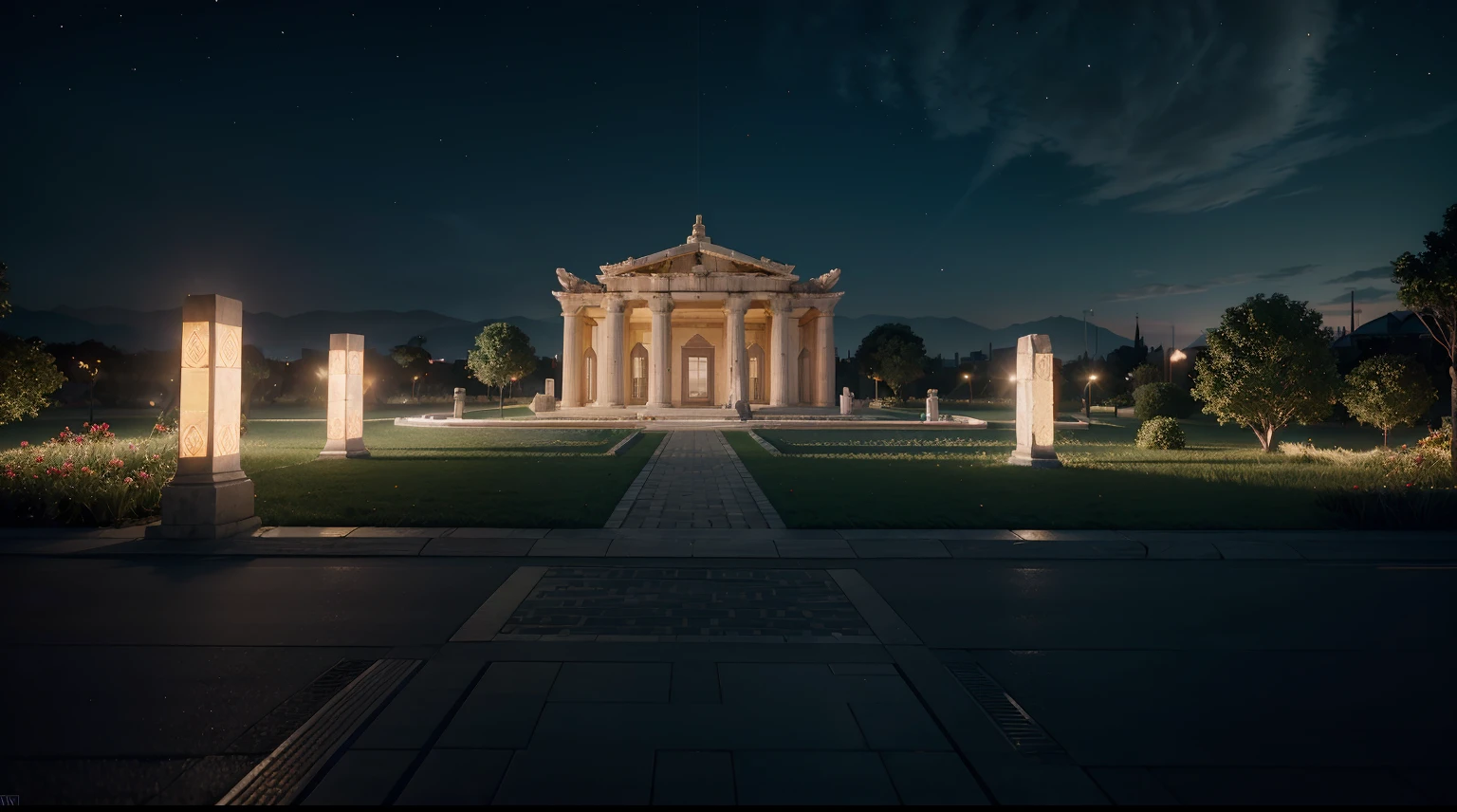 View of athens big temple in red roses field,night sky with nebulae,high-quality render,wide angle view,deep Depth of Field,no blurring,beautifully color - coded,intricate details,beautifully color graded,Natural Lighting,Optical Fiber,Moody Lighting,Cinematic Lighting,Studio Lighting,Soft Lighting,Volumetric,Beautiful Lighting,Accent Lighting,Global Illumination,Screen Space Global Illumination,Ray Tracing Global Illumination, Optics,Shadows,Shimmering,Ray Tracing Reflections,lumen Reflections,Screen Space Reflections,Diffraction Grading,Chromatic Aberration,GB Displacement,Scan Lines,ray Traced,Ray Tracing Ambient Occlusion,Anti - Aliasing,FXAA,TXAA,RTX,SSAO,Shaders,OpenGL - Shaders,GLSL - Shaders,Post Processing,Post - Production,Cell Shading,Tone Mapping,CGI,VFX,SFX,insanely detailed and intricate,hyper maximalist,hyper realistic,super detailed,photorealistic,ultra photoreal,ultra - detailed,4K,full color,volumetric lighting,HDR,Unreal engine 5