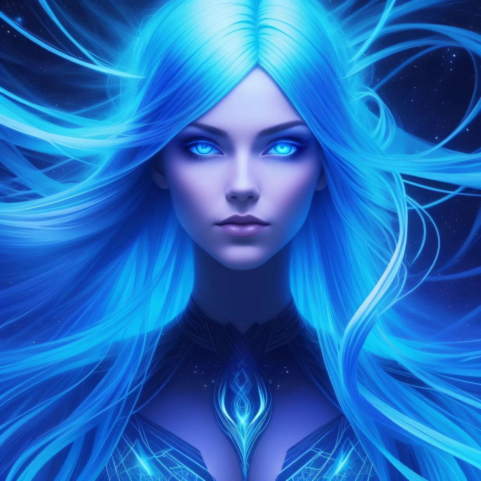 Stunning woman with vibrant blue neon hair made of light, long flowing hair, glowing in the midst of galaxy formations in dark space, beautiful woman, hourglass figure, mesmerizing blue eyes, facing viewer, looking at viewer, dark fantasy, detailed and realistic textures, vibrant colors, surreal and mysterious, hyperrealistic, modern art, digital painting, trending in Artstation, cinematic lighting, and dynamic composition, best quality