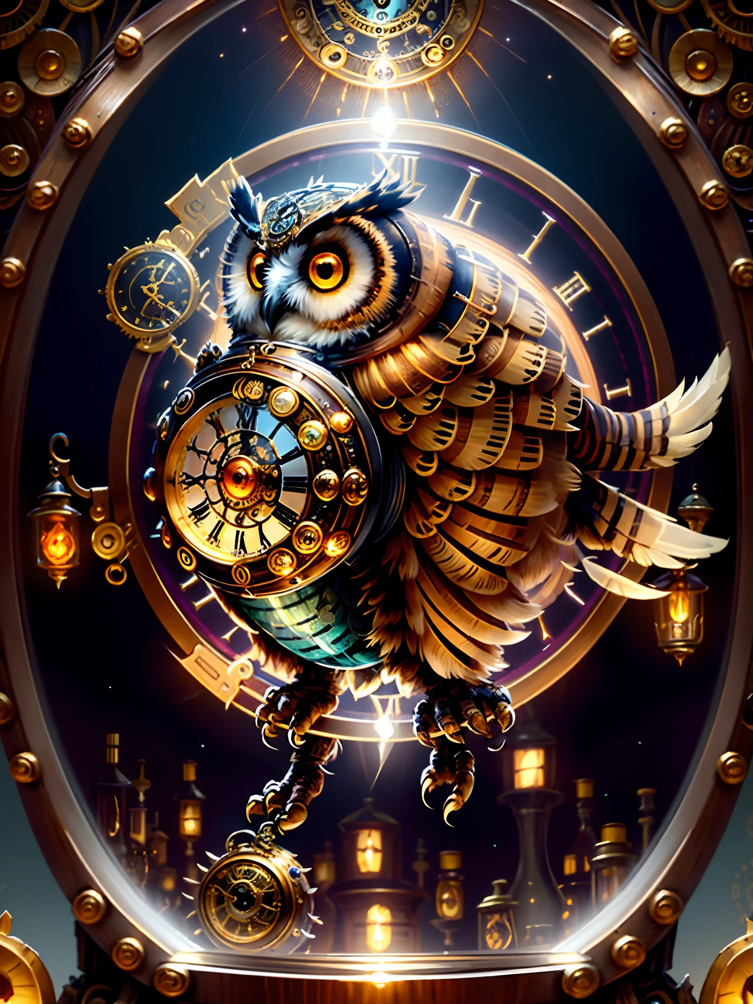 there is a large owl with a clock on its head, mechanical owl, high quality steampunk art, owl wizard, detailed steampunk illustration, 4k highly detailed digital art, steampunk owl inside a glass jar, high detailed official artwork, steampunk owl pocketwatch, hearthstone card game artwork. ”, steampunk illustration, nite - owl, digital steampunk art, radiant owl, steampunk art