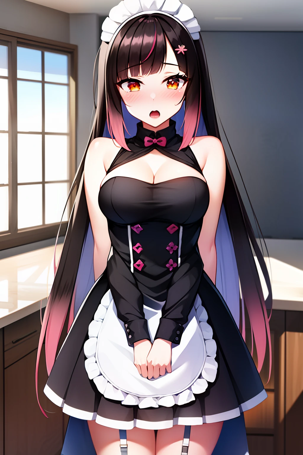 2d, masterpiece, best quality, anime, highly detailed face, highly detailed eyes, highly detailed background, perfect lighting, yomegurihana, (yomeguri hana:1.3), virtual youtuber, (1girl:1.2), orange eyes, black hair, streaked hair, pink hair, long hair, blunt bangs, hairclip, (kitchen:1.1), medium breasts, breasts, open mouth, embarrassed, (blush:1.2), pov, (solo), maid, maid headdress, maid apron, looking at viewer, v arms,