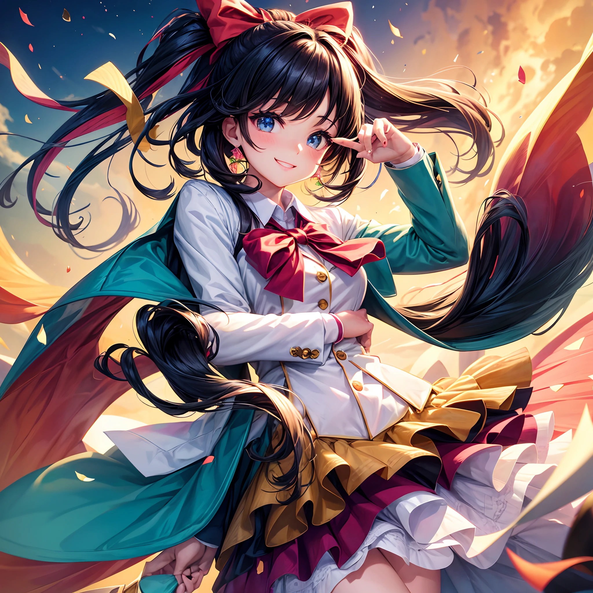 Beautiful two-dimensional girl ,a smile,top-quality,masterpiece,blazers,bow ribbon,girl,multicolored hair,Long,