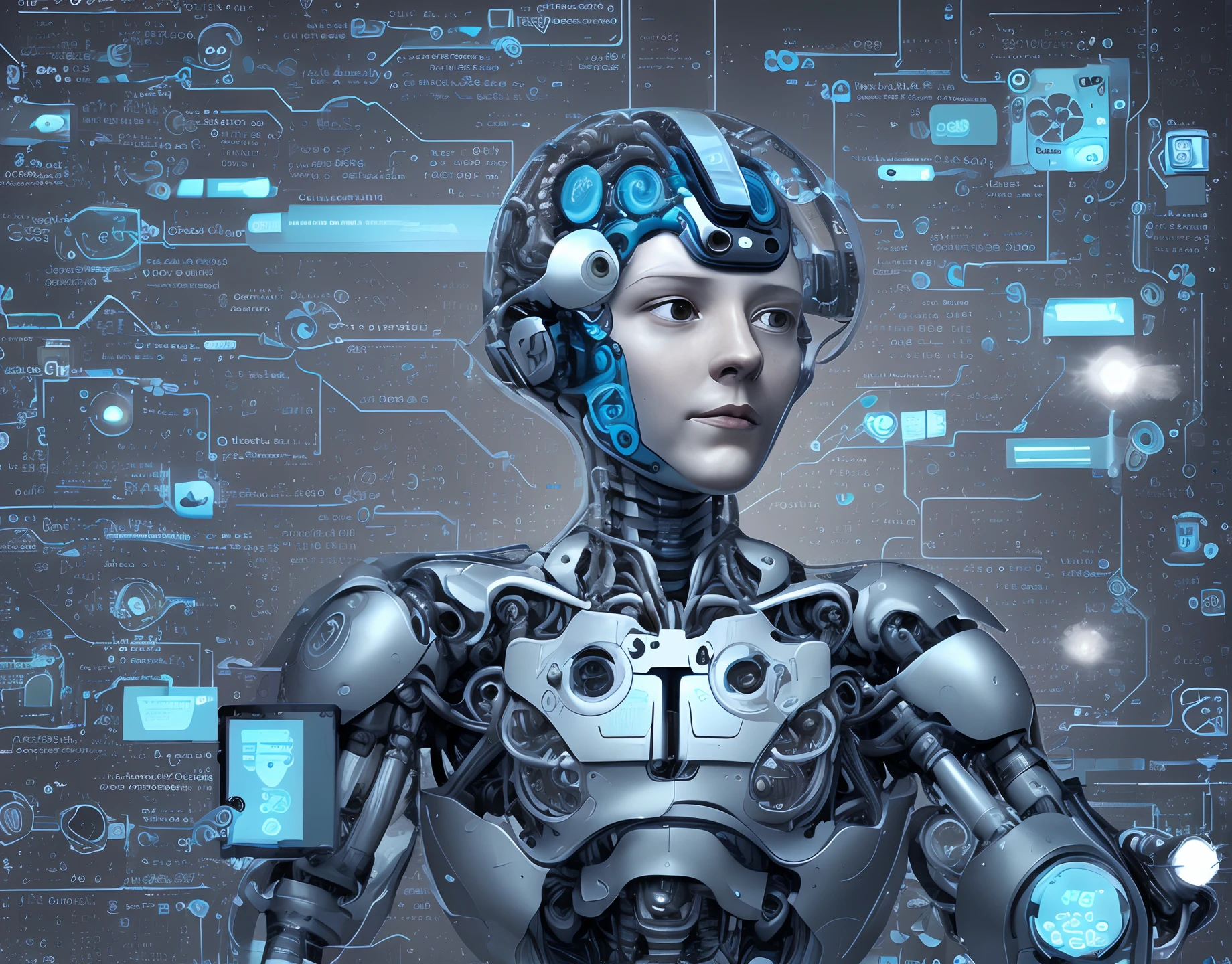 "🚀 Decifrando o Futuro da Tecnologia! 🌐 Be part of the revolution as a Developer. Build tomorrow with lines of code. 💻 The Promising Profession That Transcends Borders. 💡 Trabalho remoto, Constant innovation. 🌐 What is your vision for the digital future? Share in the comments! #Desenvolvedor #TecnologiaDoFuturo #InovaçãoDigital #programming #CarreiraPromissora"
Imagem:
A futuristic background with shades of blue and technological holograms. No centro, um desenvolvedor masculino, vestido de forma moderna, Immersed in holographic code. Ao redor, Visual elements representing technological advancements such as artificial intelligence and blockchain. The above text would be embedded in the image in a stylized form, mantendo um design clean e futurista.
