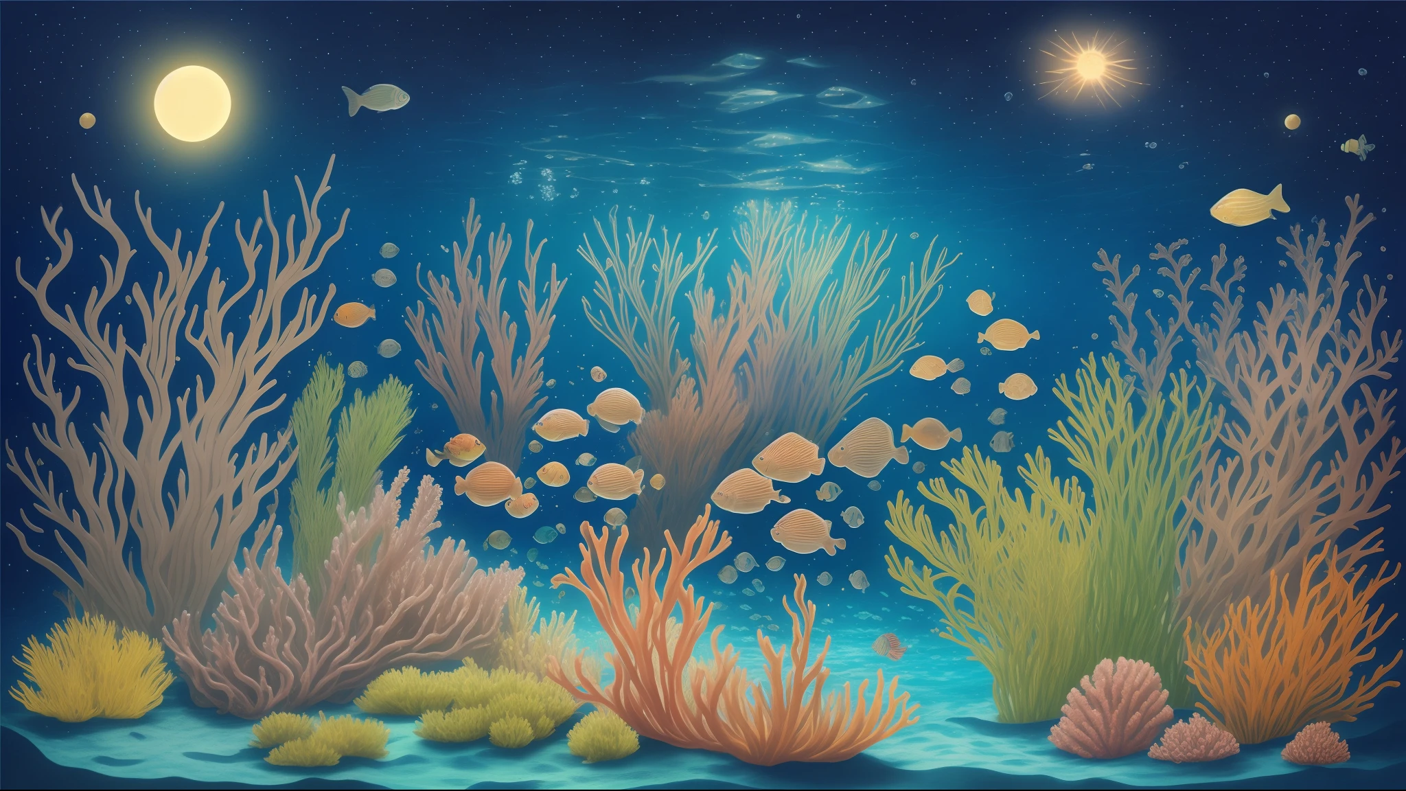 Underwater scene with fish and plants in starry nights style