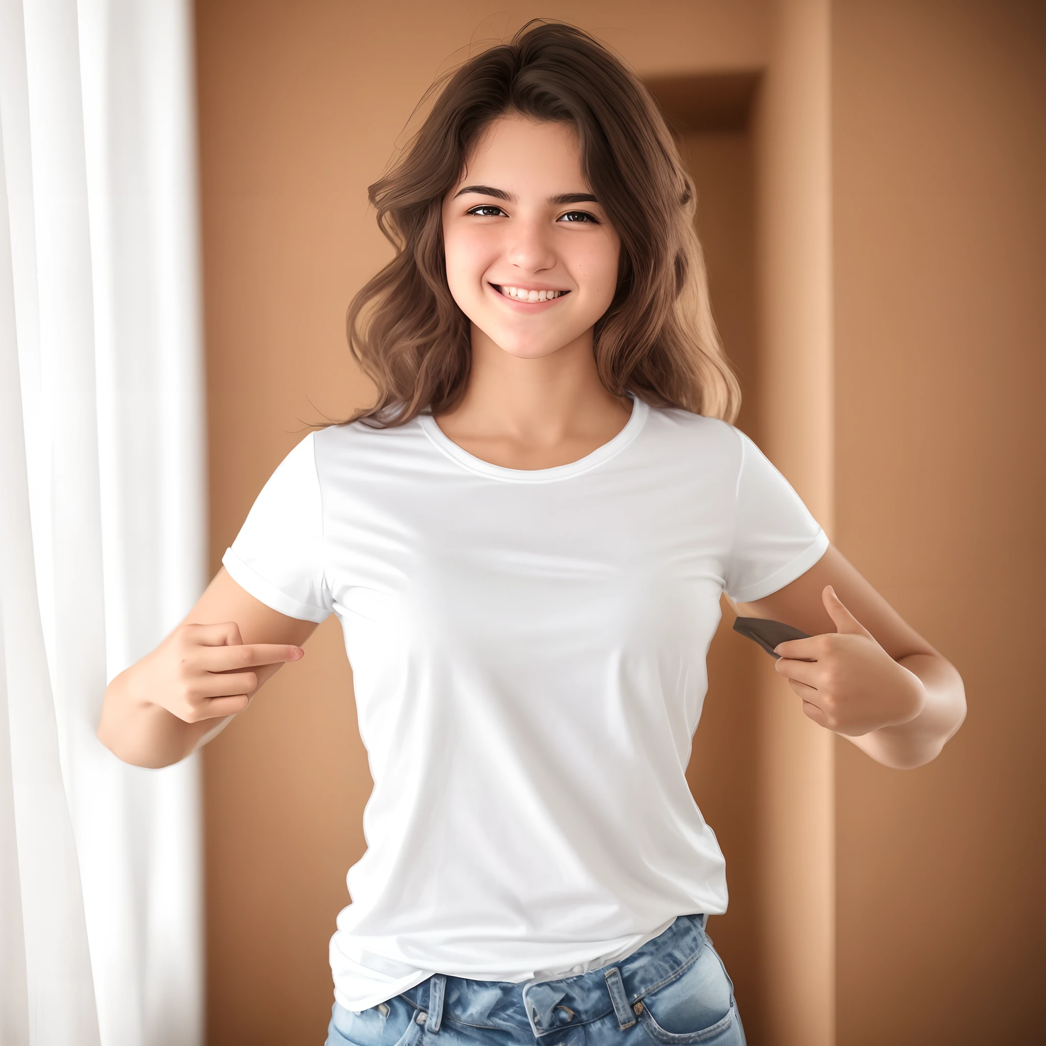 A woman in white shirt and jeans is making face, vestido com uma camiseta branca, vestido com uma camiseta branca, menina jovem e bonito, Jovem mulher na casa dos 20 anos, uma jovem bonita e bonita, mulher jovem bonito, vestindo camisa branca, Retrato de uma jovem mulher feliz, brincando de camisa rindo, full body cute young lady