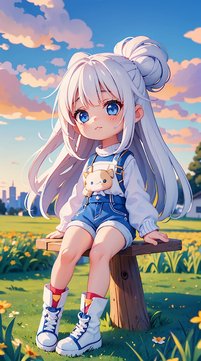 Cute little girl, chibi style, white hair, detailed blue eyes, sweater, cute jean shorts, sitting, view from side, cute face, mid calf socks, cute laced boots, white high-tops, laced shoes, boots, sunset, grassy field, looking at viewer, top knot, sad expression, view from side