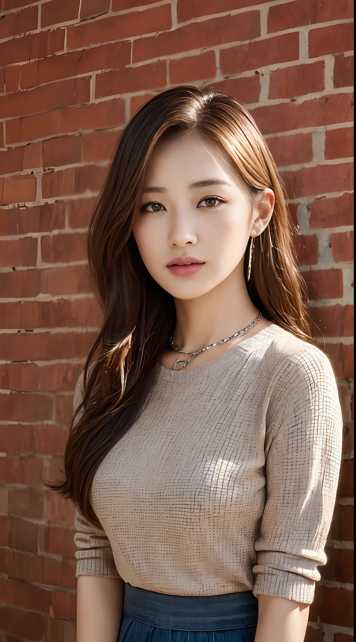 ((Brick wall、Realistic light、top-quality、8K、masterpiece:1.3))、1girl in、A slight smil、Slim Beauty:1.4、Light brown hair、Grey knitted shirt、Red bean-colored long skirt、Silver Chain Necklace、A detailed eye、zoomout、The cutest 21-year-old woman in Japan