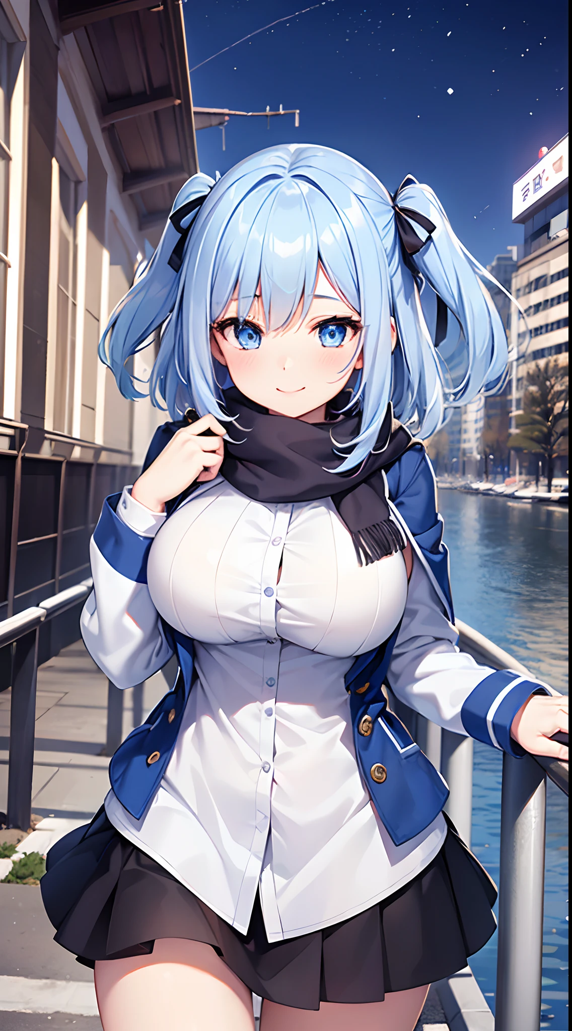 1 girl, game CG, white shirt, shoulders visible, short skirt, string hair ribbon, winter scarf, gigantic breasts, light blue hair, middle hair, two side up, blue eyes, lake, bridge, city, dynamic, smile,