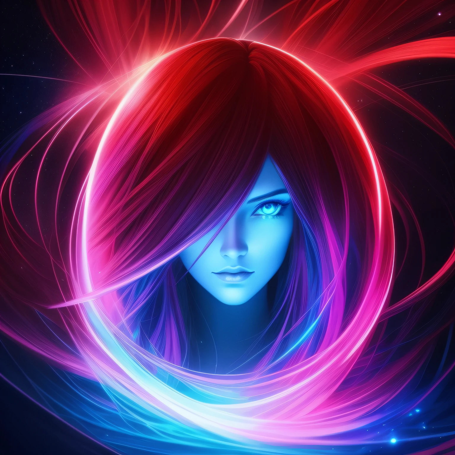 Stunning woman with vibrant red neon hair made of light, long flowing hair, glowing in the midst of galaxy formations in dark space, beautiful woman, hourglass figure, symmetrical, mesmerizing blue eyes, facing viewer, looking at viewer, dark fantasy, detailed and realistic textures, vibrant colors, surreal and mysterious, hyperrealistic, modern art, digital painting, trending in Artstation, cinematic lighting, and dynamic composition, best quality