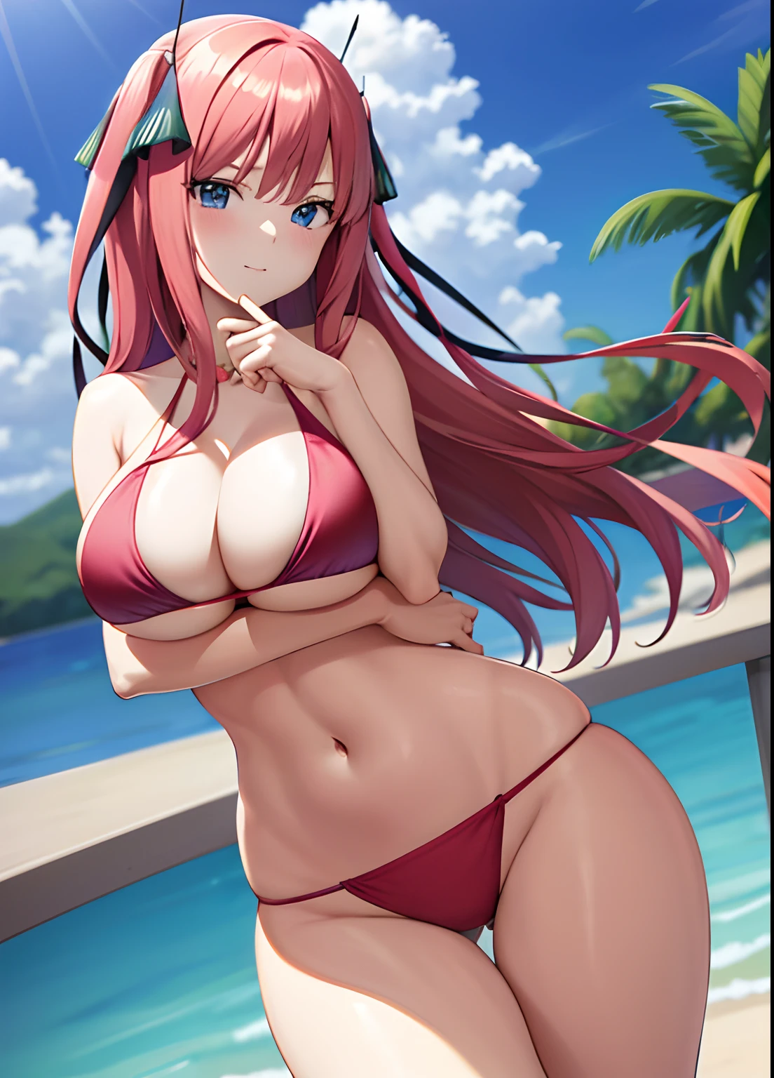 ((A cartoon image of a woman in a bikini posing for a photo)),nino nakano, long hair, pink hair, voluptuous body, big breasts, wide thighs, index finger, oppai proportions, , thicc, , seduction anime girl , (sexy pudica pose gesture), reisen udongein inaba, ecchi , (ecchi anime style), ((oppai))