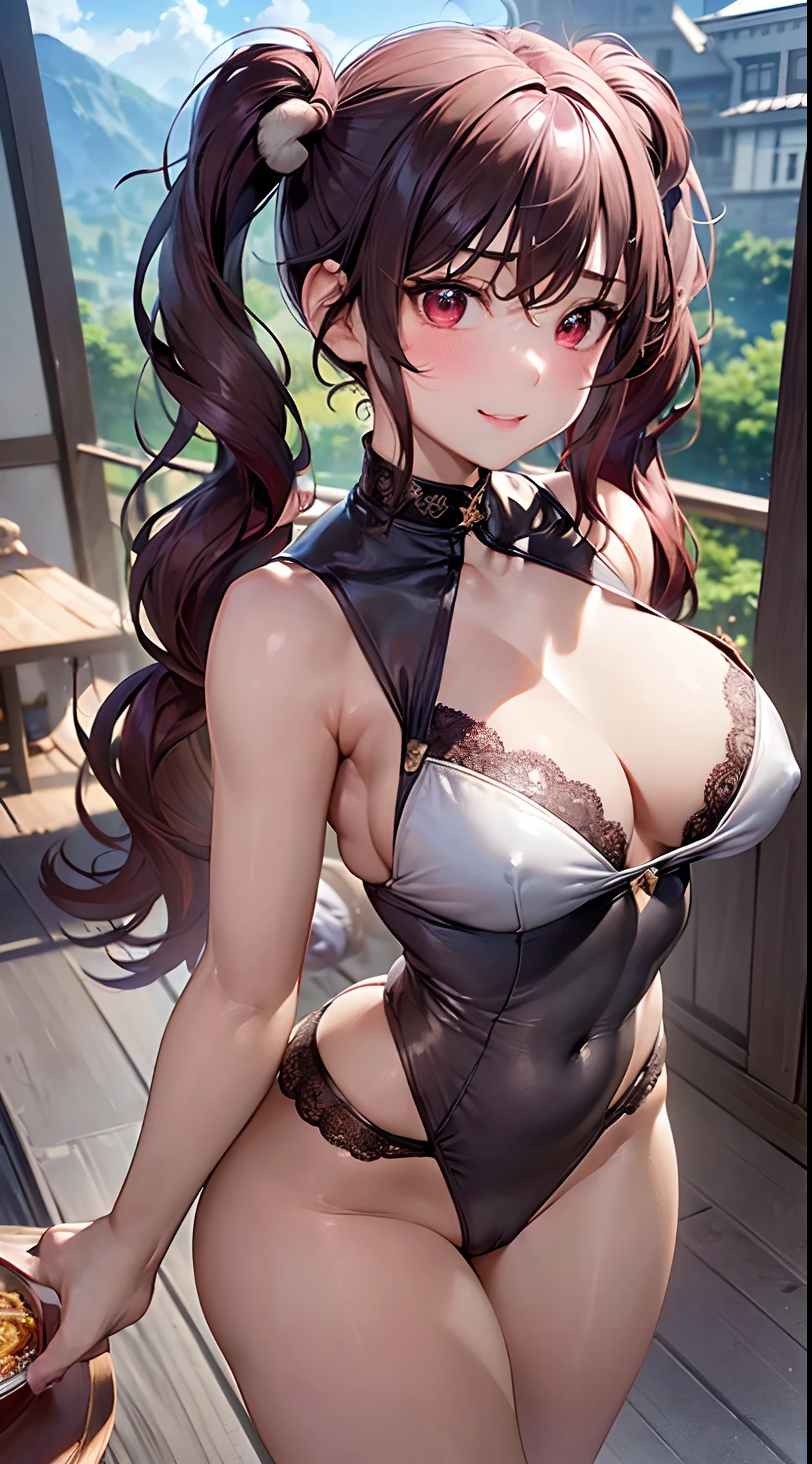 (perfect anatomy, anatomically correct, super detailed skin), 1 girl, solo, japanese, 18 years old, 7 headed body, (detailed ultra-oily shiny skin:1.1), watching the view, (smile:1.5, happiness), 
beautiful hair, beautiful face, beautiful detailed eyes, red eyes, (middle hair:1.5, twin tails :1.7), brown hair, (large breasts:1.2), (cute face), (Ideal ratio body proportions), 
beautiful clavicle, beautiful body, beautiful chest, beautiful thigh, beautiful legs, breast, bare foot, bare arm, slender, small buttocks, skinny legs, 
(red cheongsam, high-heels, open chest wide, valley), 
(beautiful scenery), beautiful ramen shop, walking, (put a tray on the hands),
(8k, top-quality, masterpiece​:1.2, extremely detailed), (photorealistic), beautiful art, visual art, depth of fields, cinematic lighting, surrealism, depth of fields, elaborate design,