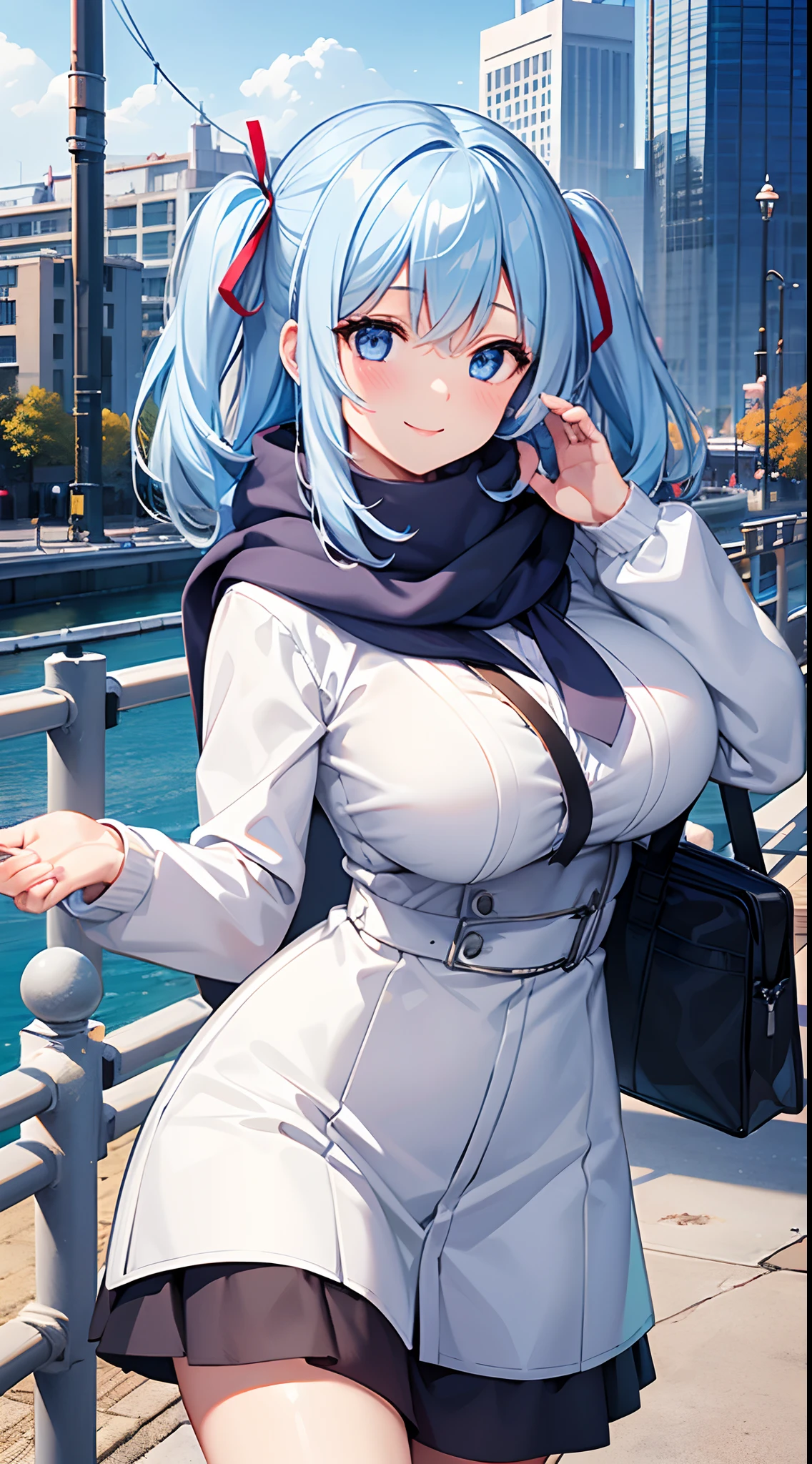 1 girl, game CG, white shirt, shoulders visible, short skirt, string hair ribbon, winter scarf, gigantic breasts, light blue hair, middle hair, two side up, blue eyes, lake, bridge, city, dynamic, smile,