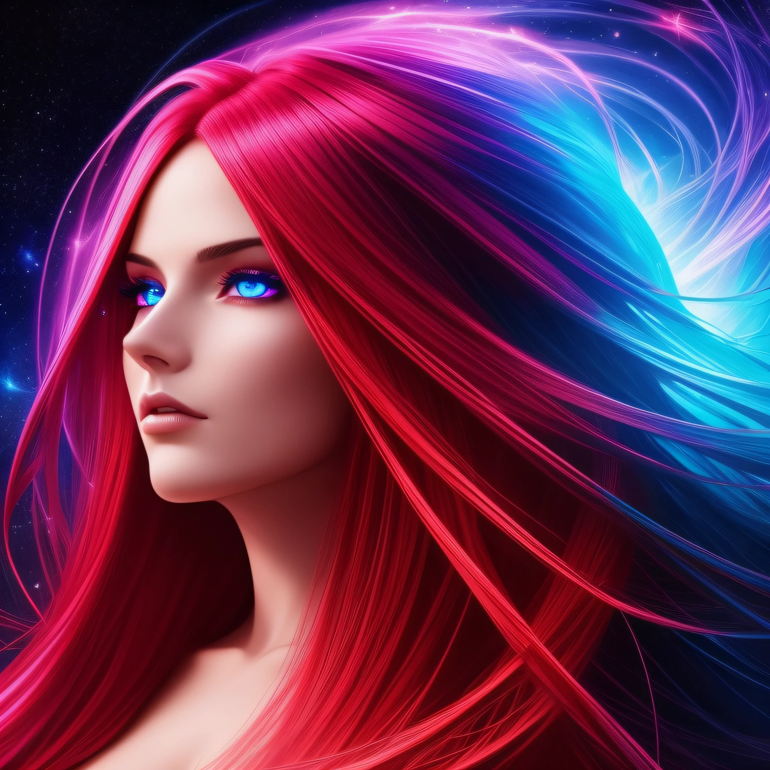 Stunning woman with vibrant red neon hair made of light, long flowing hair, glowing in the midst of galaxy formations in dark space, beautiful woman, hourglass figure, symmetrical, mesmerizing blue eyes, facing viewer, looking at viewer, dark fantasy, detailed and realistic textures, vibrant colors, surreal and mysterious, hyperrealistic, modern art, digital painting, trending in Artstation, cinematic lighting, and dynamic composition, best quality