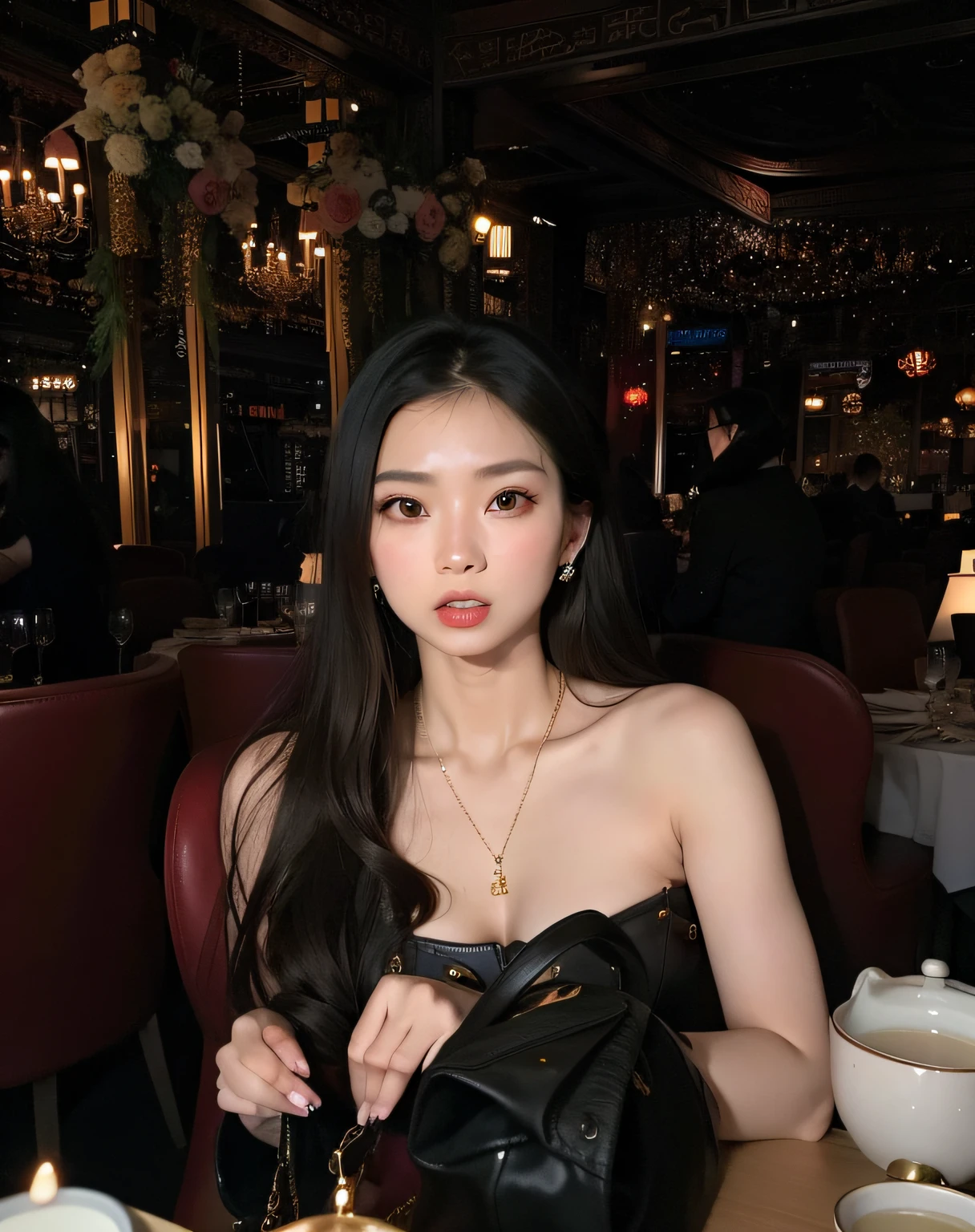 There's a woman sitting at a table with a purse, Xision Wu, Wenfei Ye, a young asian woman, Chengyou Liu, louise zhang, gemma chen, Qifeng Lin, Xintong Chen, Lulu Chen, gorgeous chinese model, Menina chinesa, an Asian woman, taken in the early 2020s, cruel korean goth girl