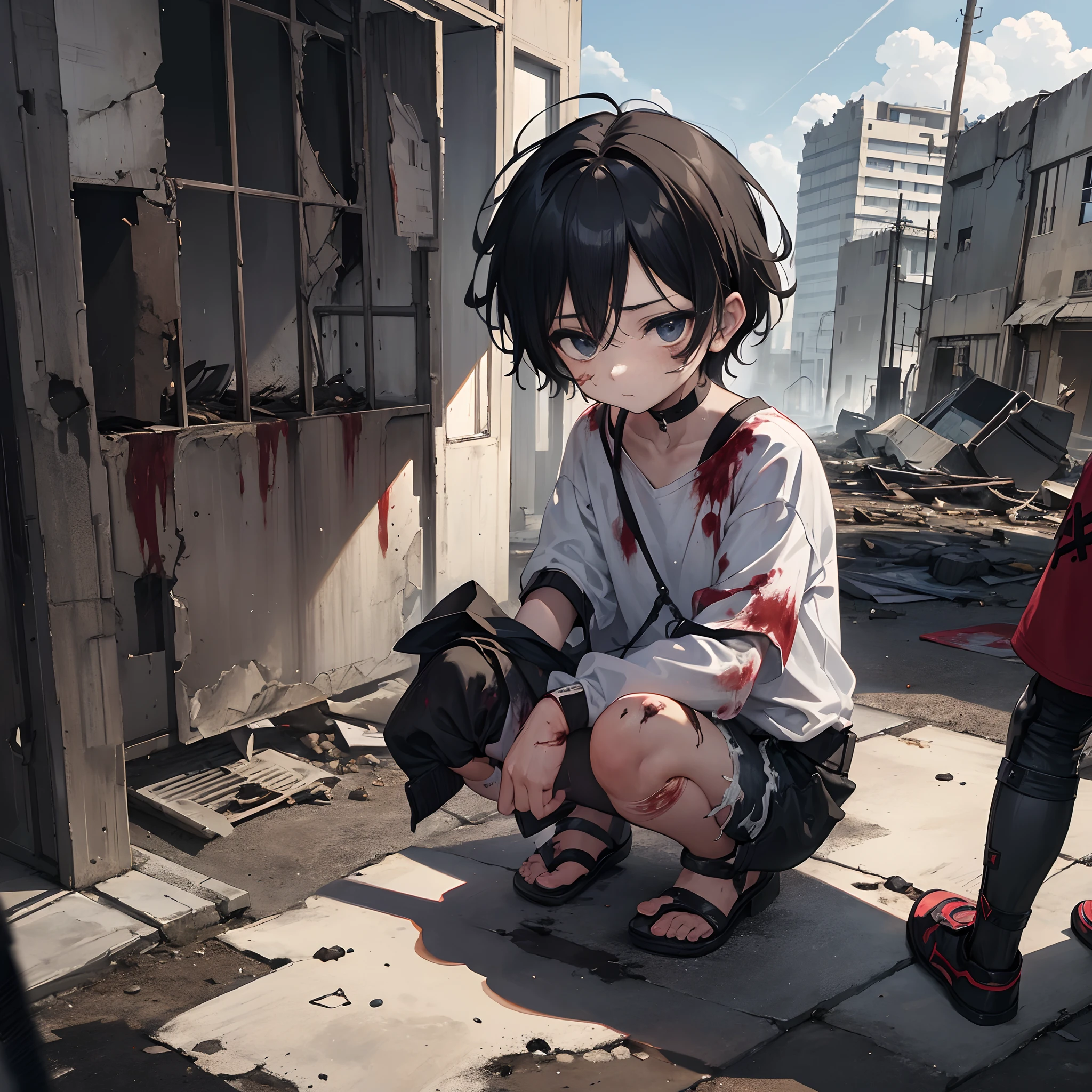 (), ((kid)earing ripped shorts, ((very dirty and injured)), boy, around 10 years, knees, in a destroyed city, filled with ash, ((burned corpses all around)), in anime style, dark, blood, injured