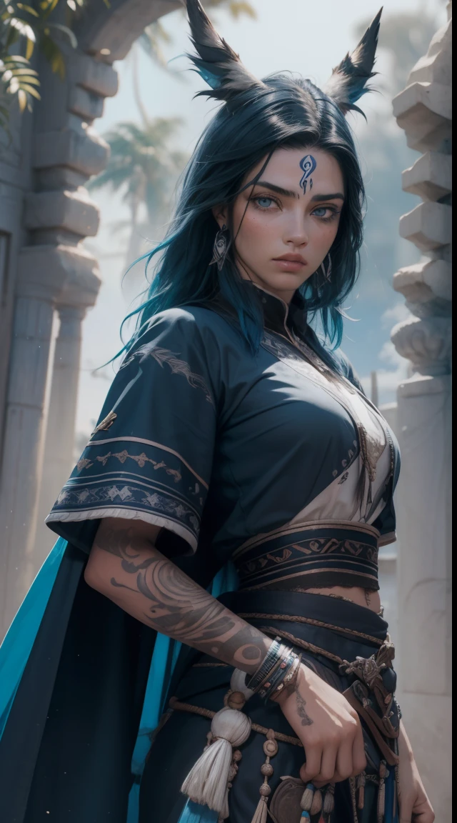 obra maestra, Disparo de vaquero, (1mujer), (Zorro blanco), (Vestimenta tribal:1.2), (Hermosos ojos azules), ((tribal (Aquila) tatuaje)), colores blanco y azul, Fondo brumoso, dynamic pose, (mirando al espectador), (Front view),( lobo:1.4),(desde el cielo), (Bokeh:1.2),8k, 。.............3D, realista, Ultra Micro Photography, of the highest quality, Super detalle CG Unity 8k