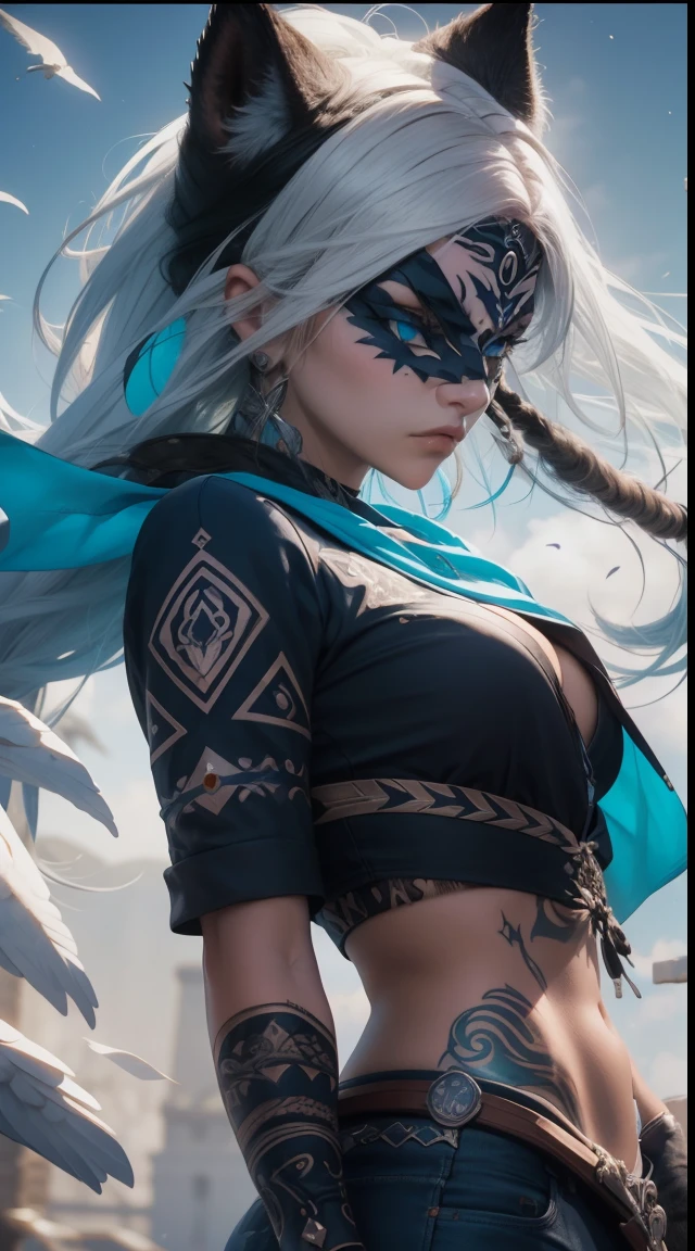 obra maestra, Disparo de vaquero, (1mujer), (Zorro blanco), (Vestimenta tribal:1.2), (Hermosos ojos azules), ((tribal (Aquila) tatuaje)), colores blanco y azul, Fondo brumoso, dynamic pose, (mirando al espectador), (Front view),( lobo:1.4),(desde el cielo), (Bokeh:1.2),8k, 。.............3D, realista, Ultra Micro Photography, of the highest quality, Super detalle CG Unity 8k