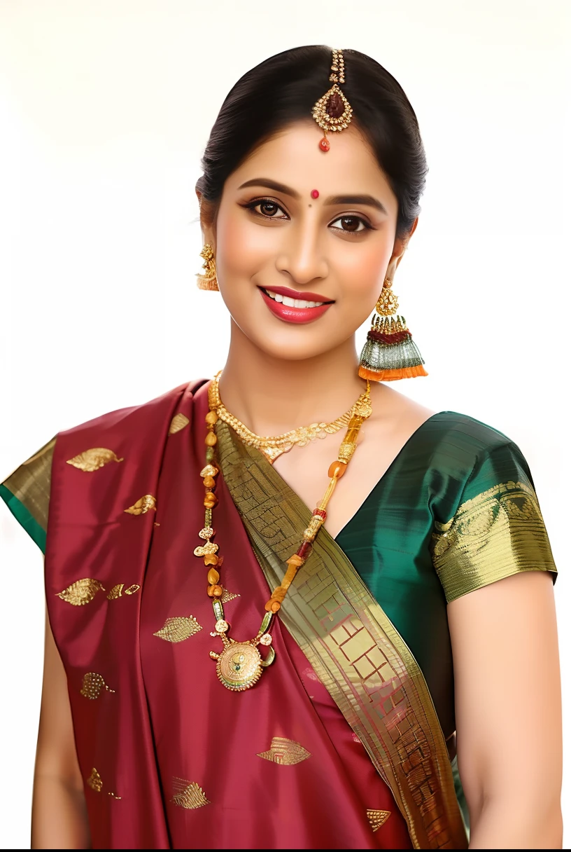 professional portrait photo, fully dressed, beautiful, 25-year-old, wearing intricate Banarasi Silk Saree, flat matte background, desilatte