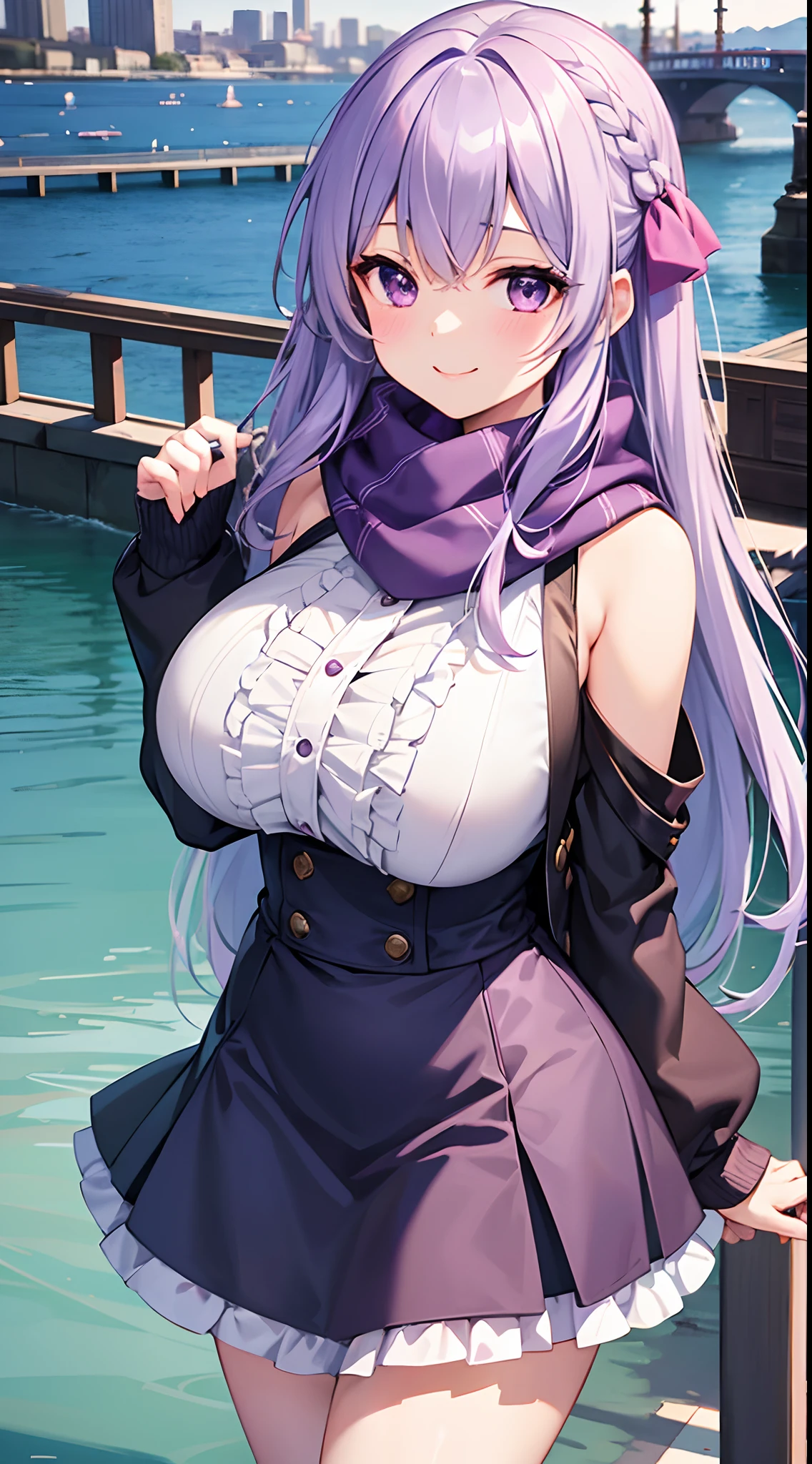 1 girl, game CG, frilled shirt, shoulders visible, short skirt, hair ribbon, winter scarf, gigantic breasts, light purple hair, long hair, french braid, purple eyes, lake, bridge, city, dynamic, smile,