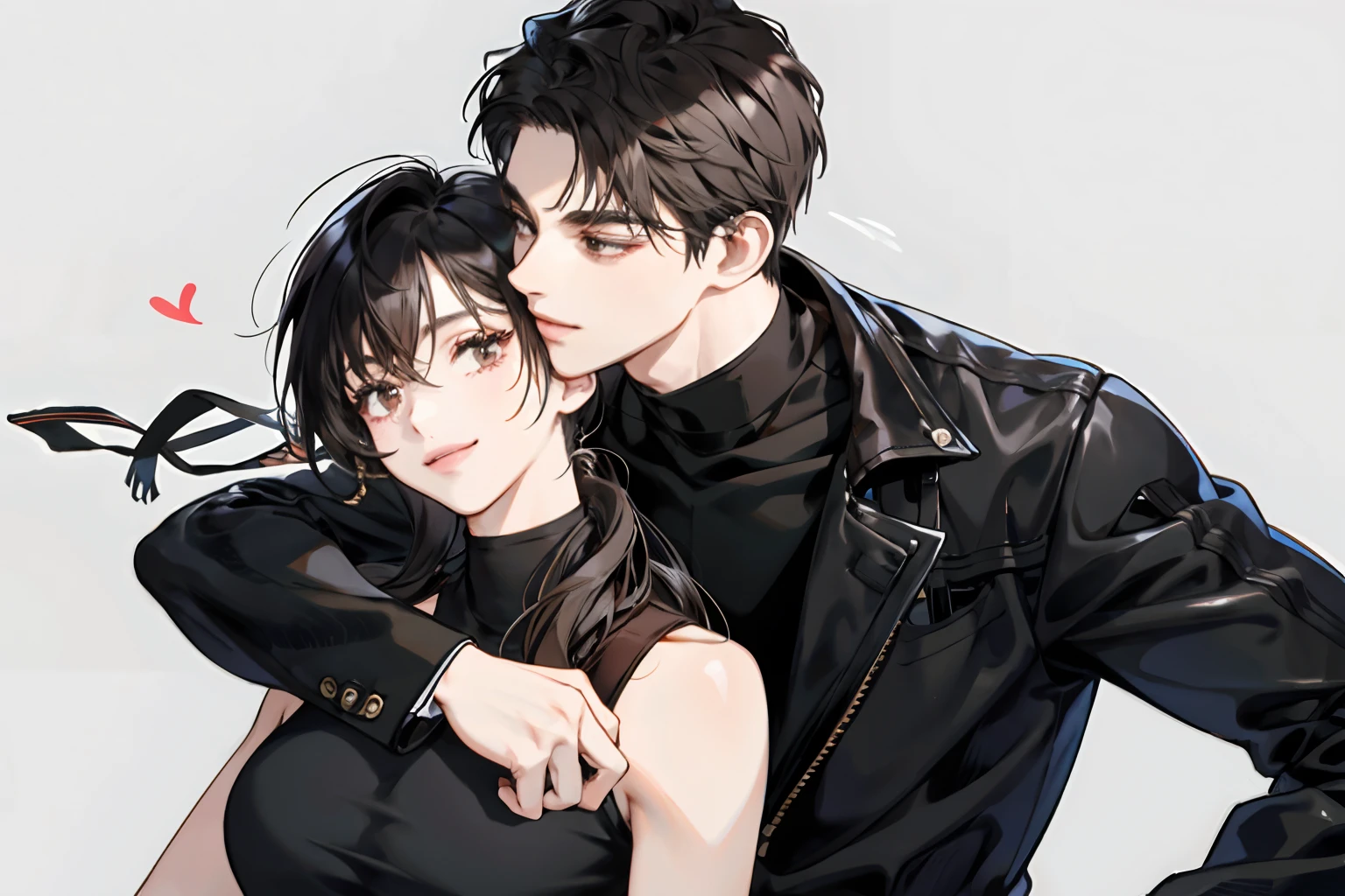 Masterpiece, Best quality, 2others, couple, 1 person vs. 1 person, couple, modern, Master, Hugging, black-haired with brown eyes, Turtleneck, Cool, Different colors, Simple background, half people, Smile, cheerfulness, Love, Cute, Gray background, magnitude, Black tank top or Jill shirt