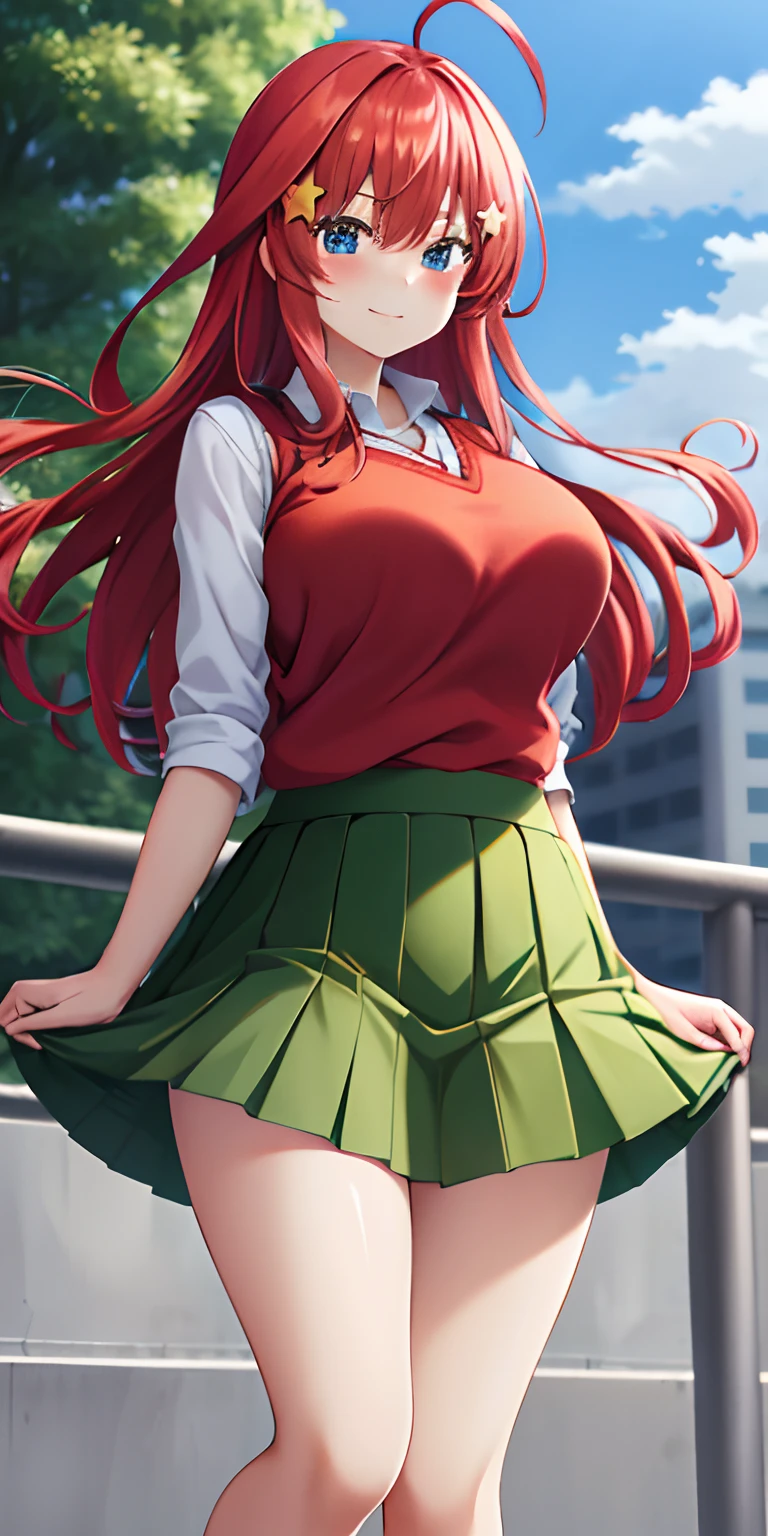 2d, Masutepiece, Best quality, anime, Highly detailed, 1girl in, only, Cowboy shot, Itsuki nakano, Red hair, Long hair, Star hair ornament, Ahoge, red sweater, Collared shirt, Green skirt, Pleated miniskirt very short, gigantic breasts, standing, school, outdoors, seductive smile, blushing, lifting skirt by yourself, pigeon toes, showing panties, floating hair, wind, big round breasts, wide hips, wide thighs