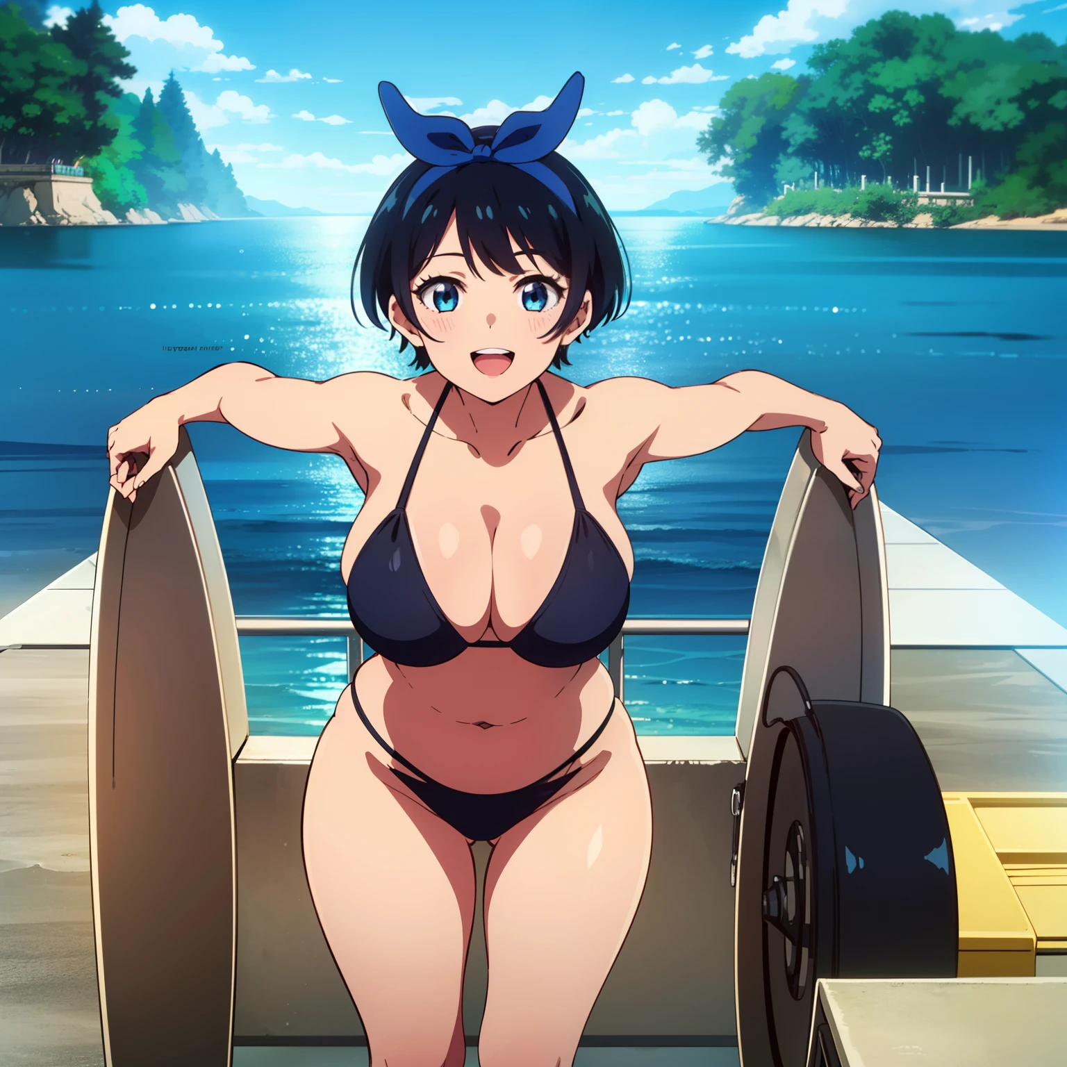 1girl, only, Sarashina Ruka, black hair, Blue hair ribbon, blue hair ribbon, short hair, blue eyes, Masterpiece, Best quality, black bikini, voluptuous breasts, wide hips, wide thighs, Sea, happy, They are smiling