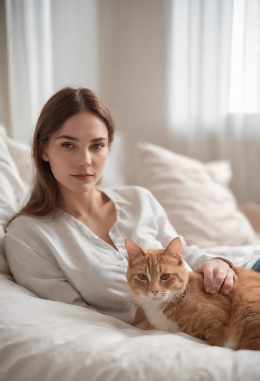 Woman in comfortable clothes and her cat lying on the bed, 80s style, Semi-body shot, high-quality photo.