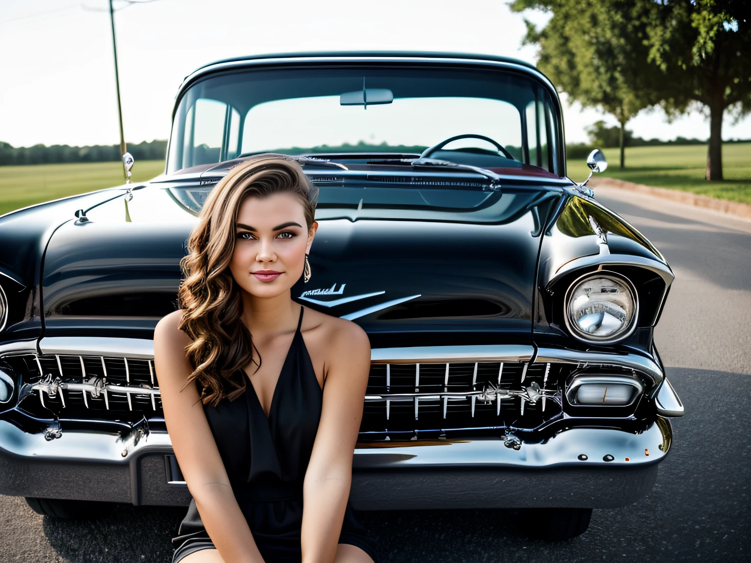 A beautiful girl with the perfect face and in a black dress is leaning against a 1959 Chevrolet Bel Air, RODA ESTRELA, RODA LARGA, COLOR PRETRRO METALLIC, Headlights on, VIDROS ESCUROS, DETALHES EM COR DOURADO, FRISOS EM COR DOURADA, TETO SOLAR, ESCAPAMENTOS LATERAIS, FIRE DESIGN ON THE FRONT HOOD,